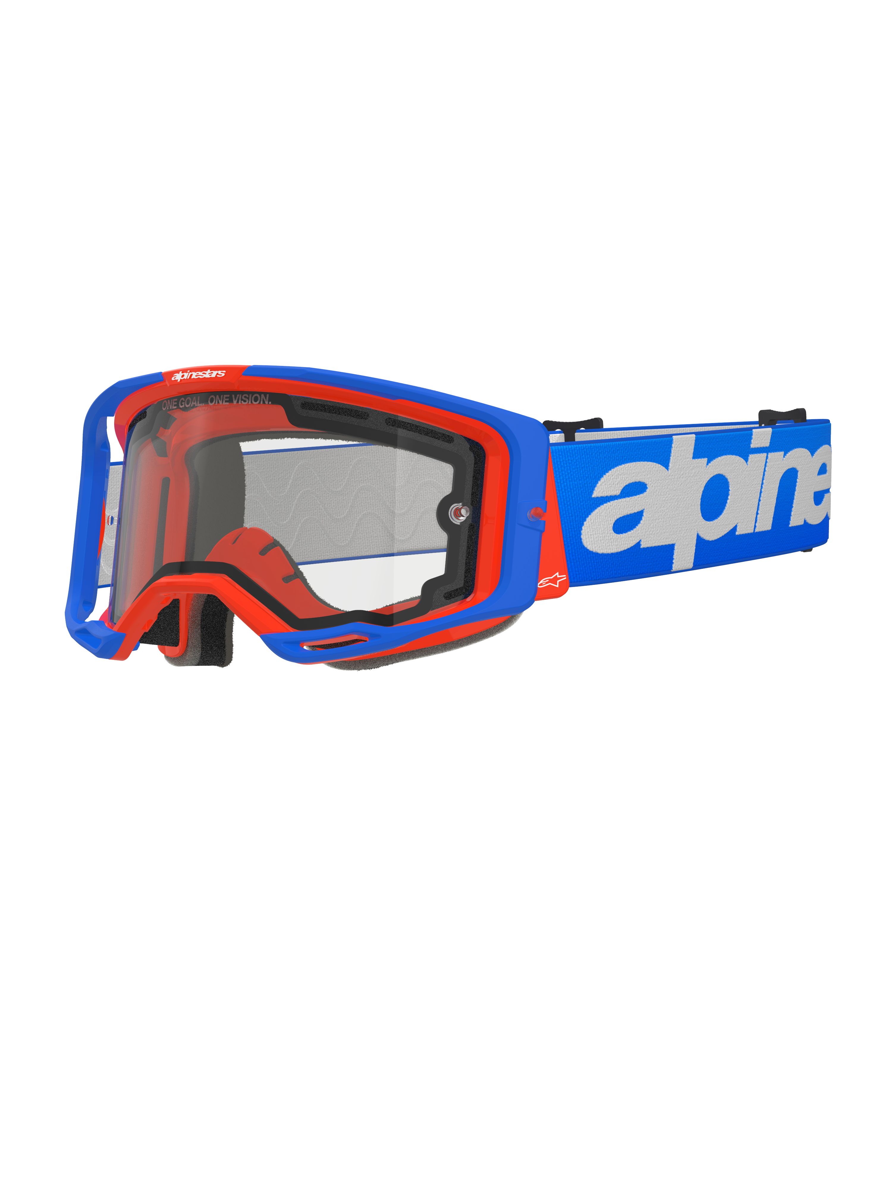 Alpinestars Vision 8 Wordmark Goggles Dual Pane, Motocross Goggles, Blue and Orange, Clear Dual Pane Lens, Blue Strap with White Wordmark Branding, Black Foam Padding, Off-Road Racing Gear