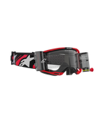 Alpinestars Vision 8 Luar Goggles Roll Off, Motocross Goggles, Red and Black frame with clear lens, featuring integrated roll-off system and wide black strap with white logos and red accents