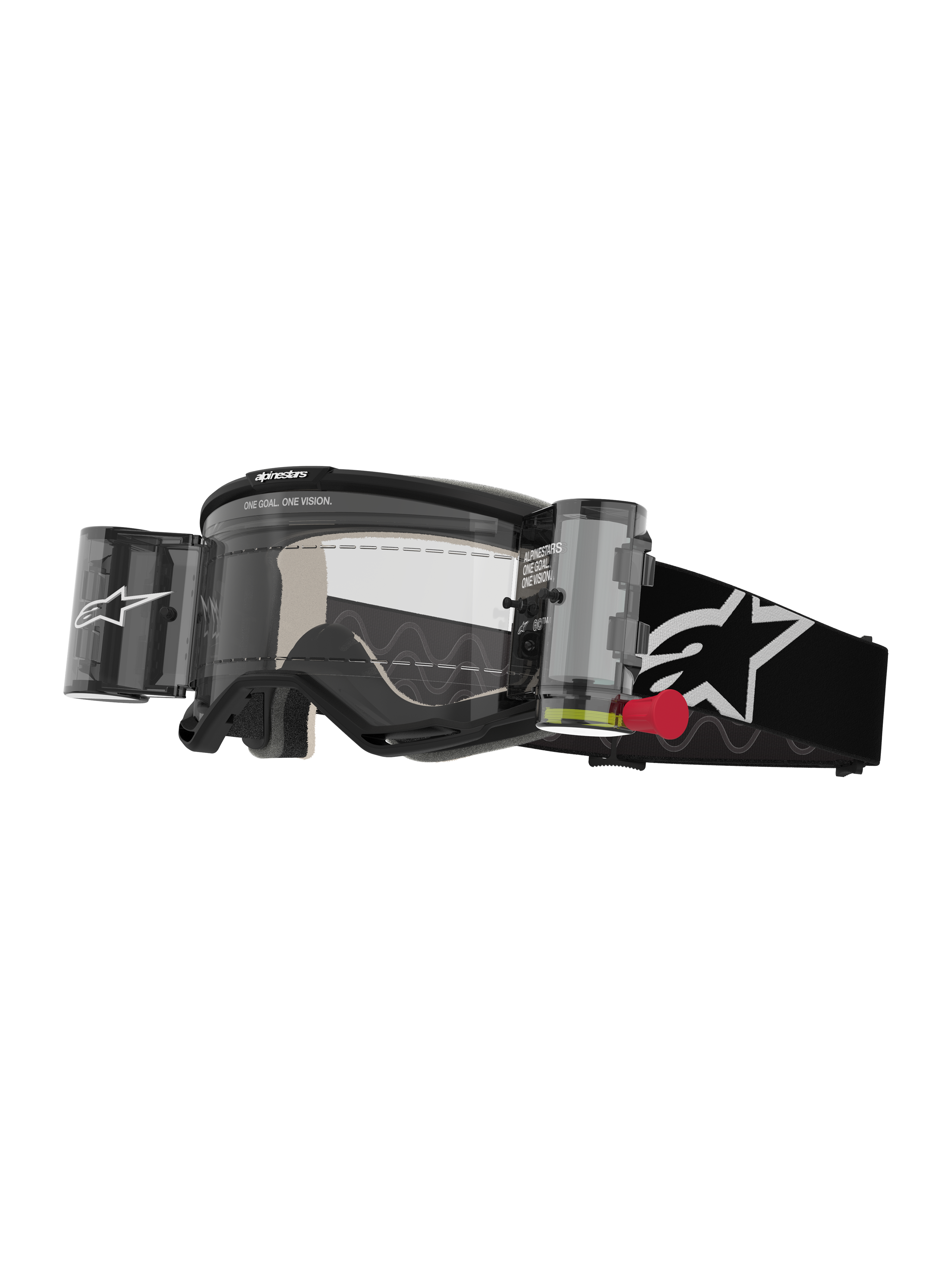 Alpinestars Vision 5 Corp Goggles Roll Off, Motocross Goggles, Black and White, clear lens with integrated Wide Vision roll-off system, red pull tab, black strap with white star logo, ONE GOAL ONE VISION branding