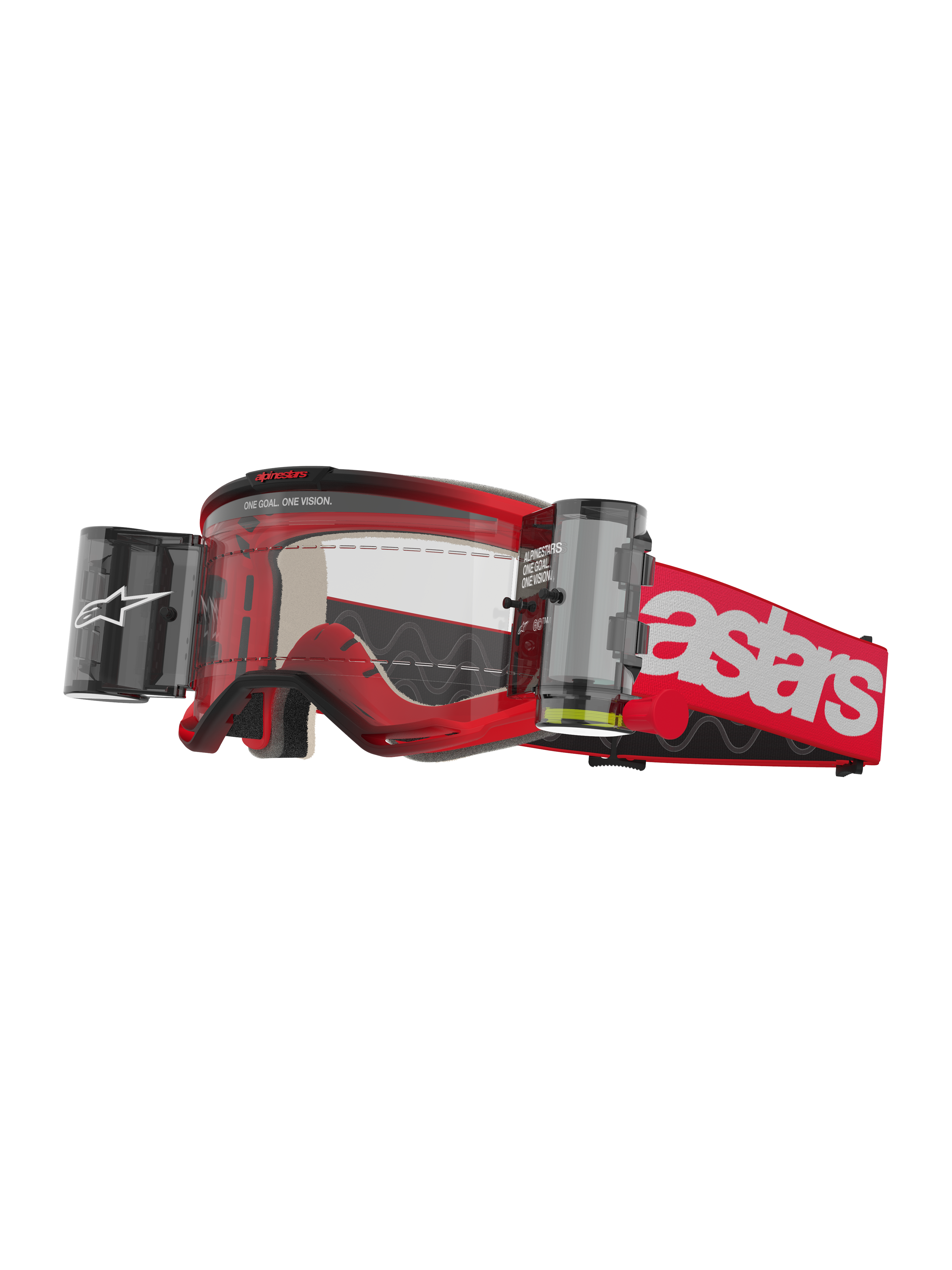 Alpinestars Vision 5 Blaze Goggles Roll Off, Motocross Goggles, Red and White, Clear Lens with integrated Wide Vision Roll-Off film system, dual side canisters, red woven strap with bold white astars branding, durable urethane frame with foam padding, off-road racing eyewear