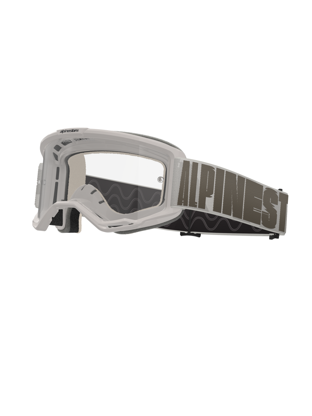 Alpinestars Vision 5 Hollow Goggles, Motocross Goggles, White Frame with Clear Lens, Wide Light Gray Strap with Bold Dark Gray Alpinestars Lettering, Multi-layer Foam Padding, Performance Off-Road Eyewear