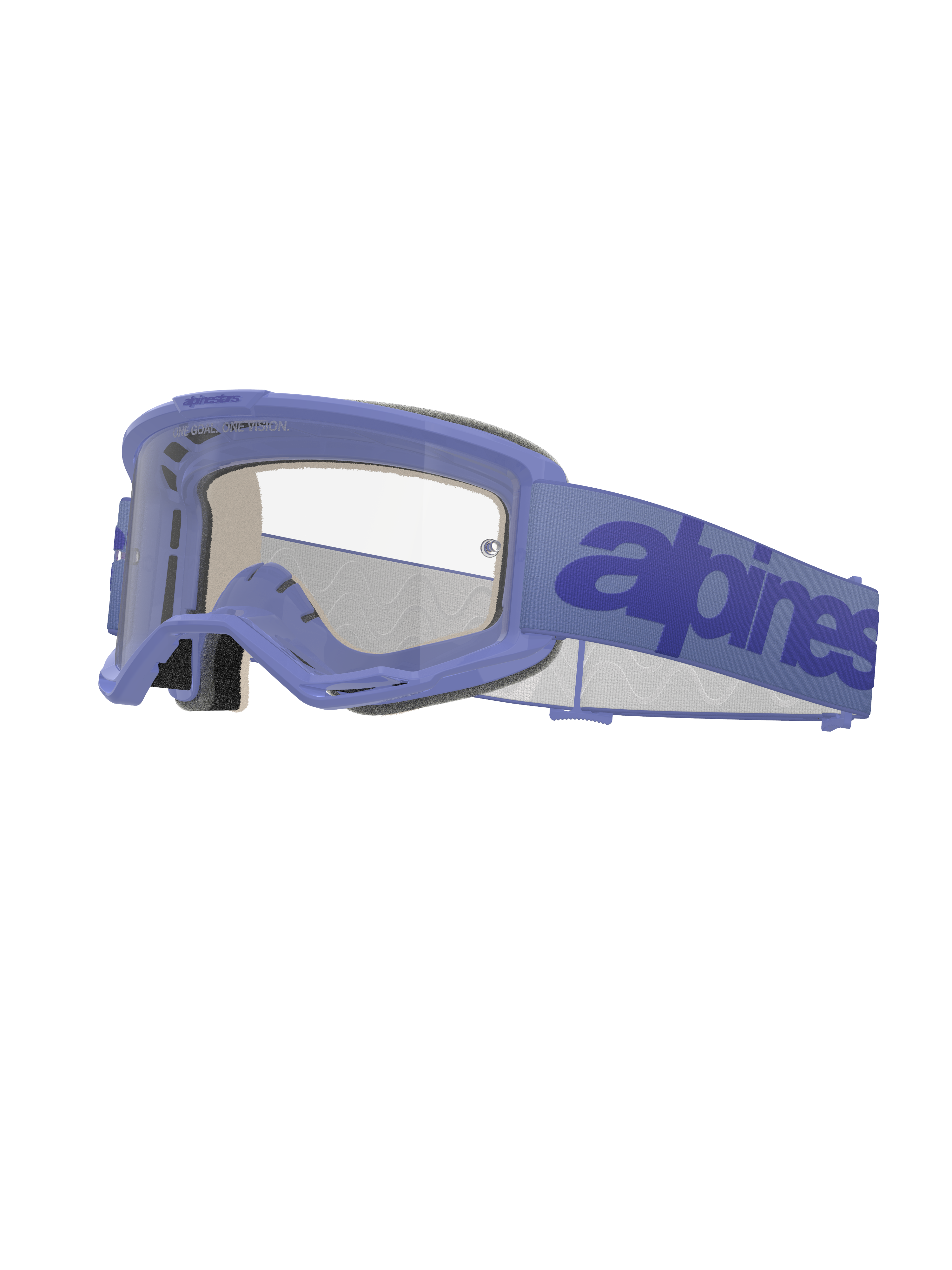 Alpinestars Vision 5 Wordmark Goggles, gafas de motocross, montura púrpura claro con lente transparente, correa púrpura con logo en azul oscuro, diseño A-FLEX ventilado, espuma facial de múltiples etapas, protección ocular para off-road