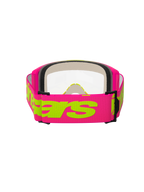 Gafas Alpinestars Vision 5 Wordmark, gafas de motocross, rosa y amarillo flúor, vista trasera que muestra la ancha correa tejida rosa con el logotipo de Alpinestars en amarillo neón, lente transparente y acolchado de espuma facial multicapa