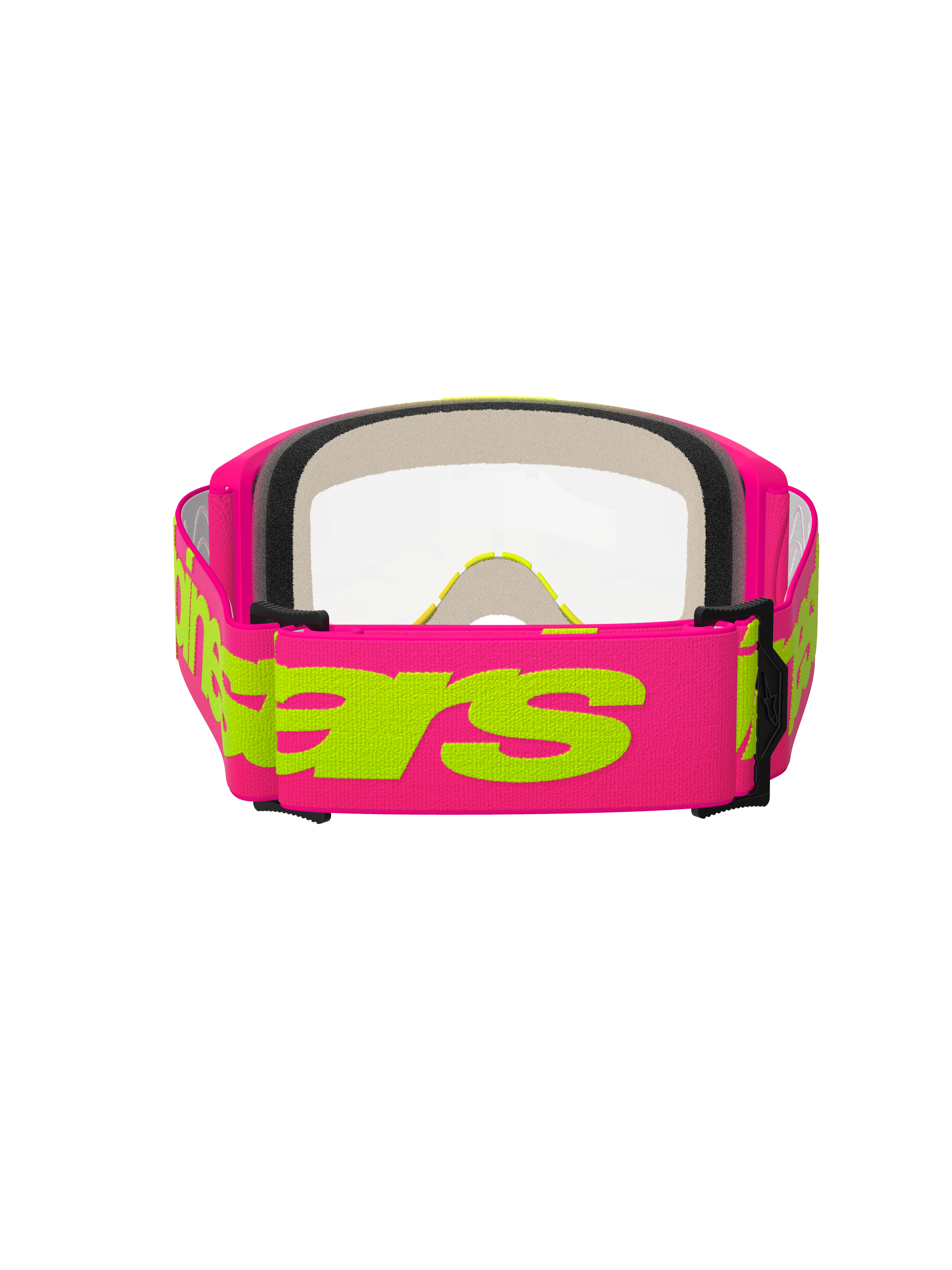 Gafas Alpinestars Vision 5 Wordmark, gafas de motocross, rosa y amarillo flúor, vista trasera que muestra la ancha correa tejida rosa con el logotipo de Alpinestars en amarillo neón, lente transparente y acolchado de espuma facial multicapa