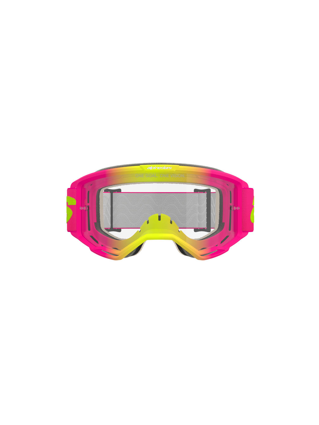 Gafas Alpinestars Vision 5 Wordmark, gafas de motocross, rosa y amarillo flúor con lente transparente, montura con degradado vibrante, correa tejida ancha con marca en amarillo, protección ocular de alto rendimiento para conducción todoterreno