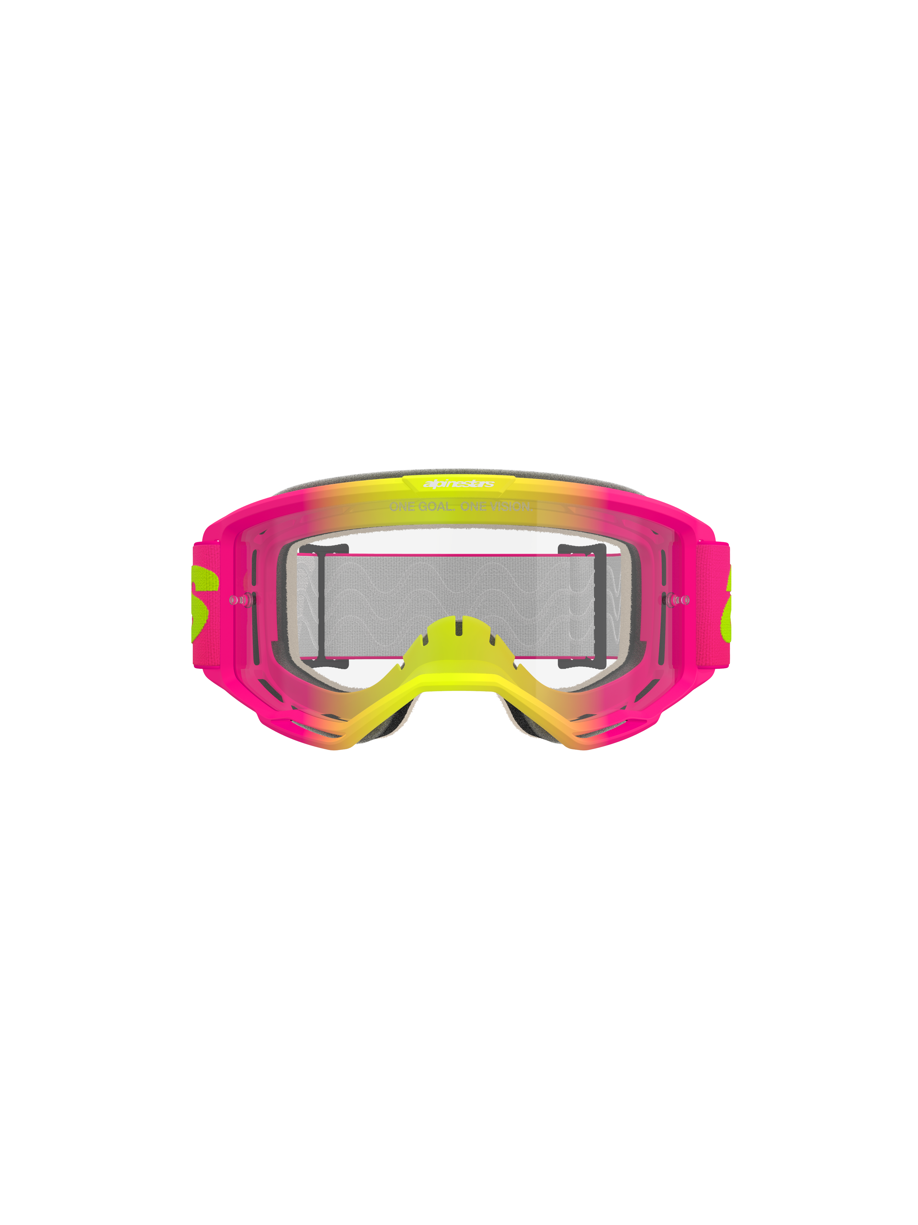 Gafas Alpinestars Vision 5 Wordmark, gafas de motocross, rosa y amarillo flúor con lente transparente, montura con degradado vibrante, correa tejida ancha con marca en amarillo, protección ocular de alto rendimiento para conducción todoterreno