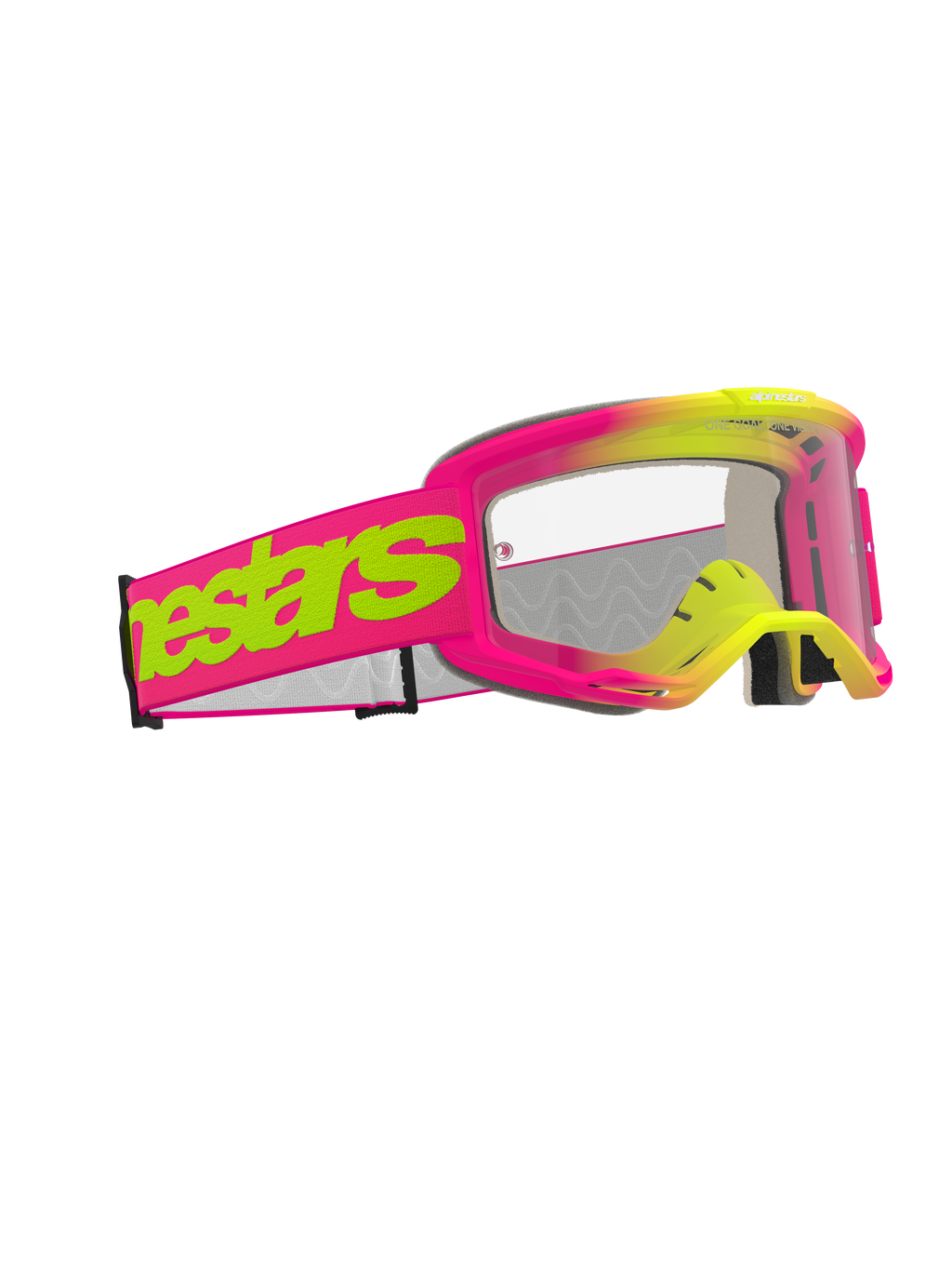 Gafas Alpinestars Vision 5 Wordmark, gafas de motocross, montura rosa y amarillo fluorescente con lente transparente, correa ancha rosa con el llamativo logotipo de Alpinestars en amarillo neón, protección ocular de alto rendimiento para carreras todoterreno
