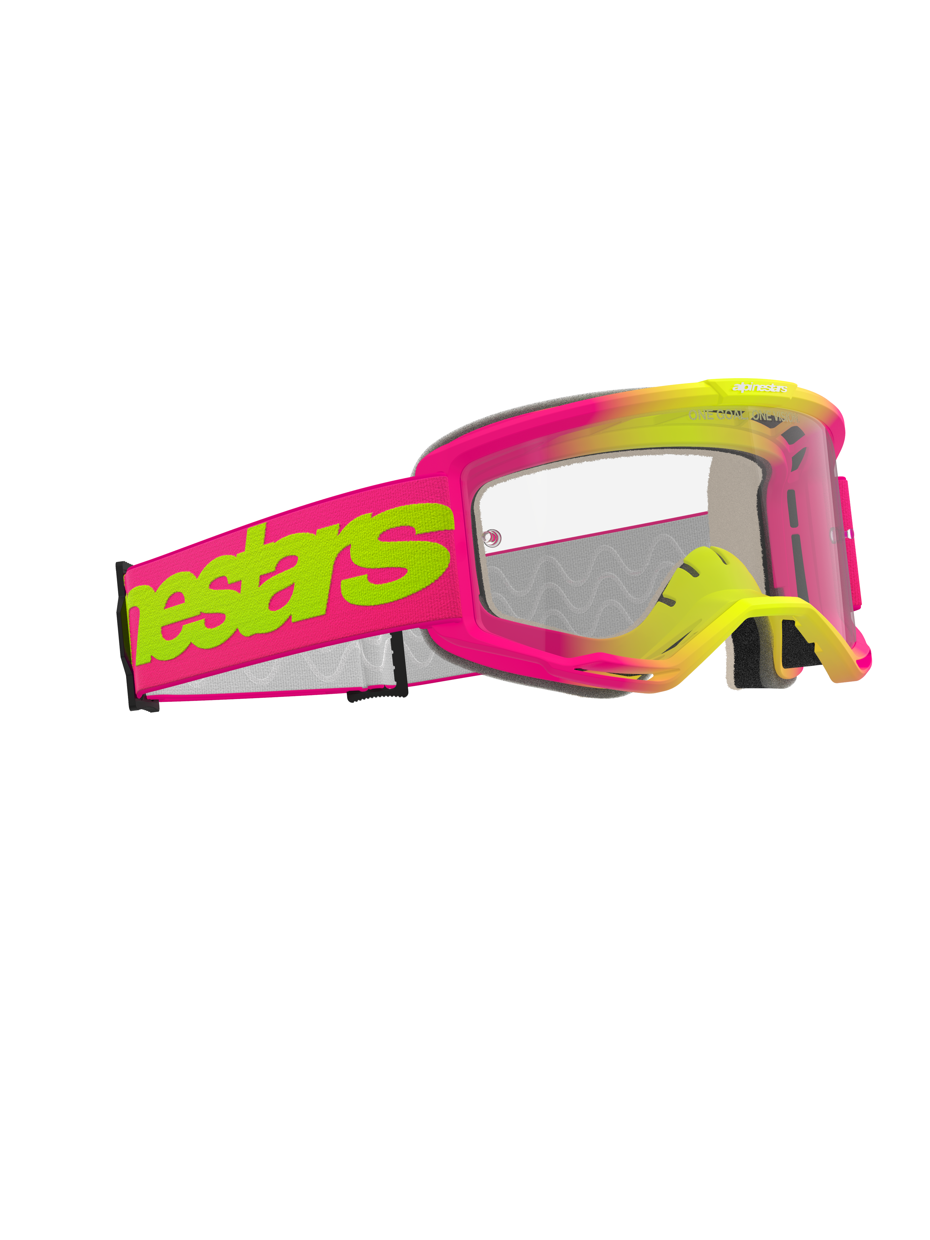 Gafas Alpinestars Vision 5 Wordmark, gafas de motocross, montura rosa y amarillo fluorescente con lente transparente, correa ancha rosa con el llamativo logotipo de Alpinestars en amarillo neón, protección ocular de alto rendimiento para carreras todoterreno