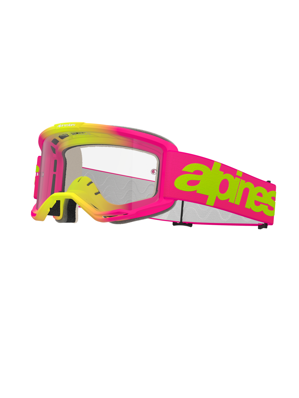 Alpinestars Vision 5 Wordmark Goggles, gafas de motocross, rosa y amarillo flúor, lente transparente, logotipo en verde lima intenso sobre correa rosa, espuma facial de múltiples capas, diseño ventilado para carreras off-road