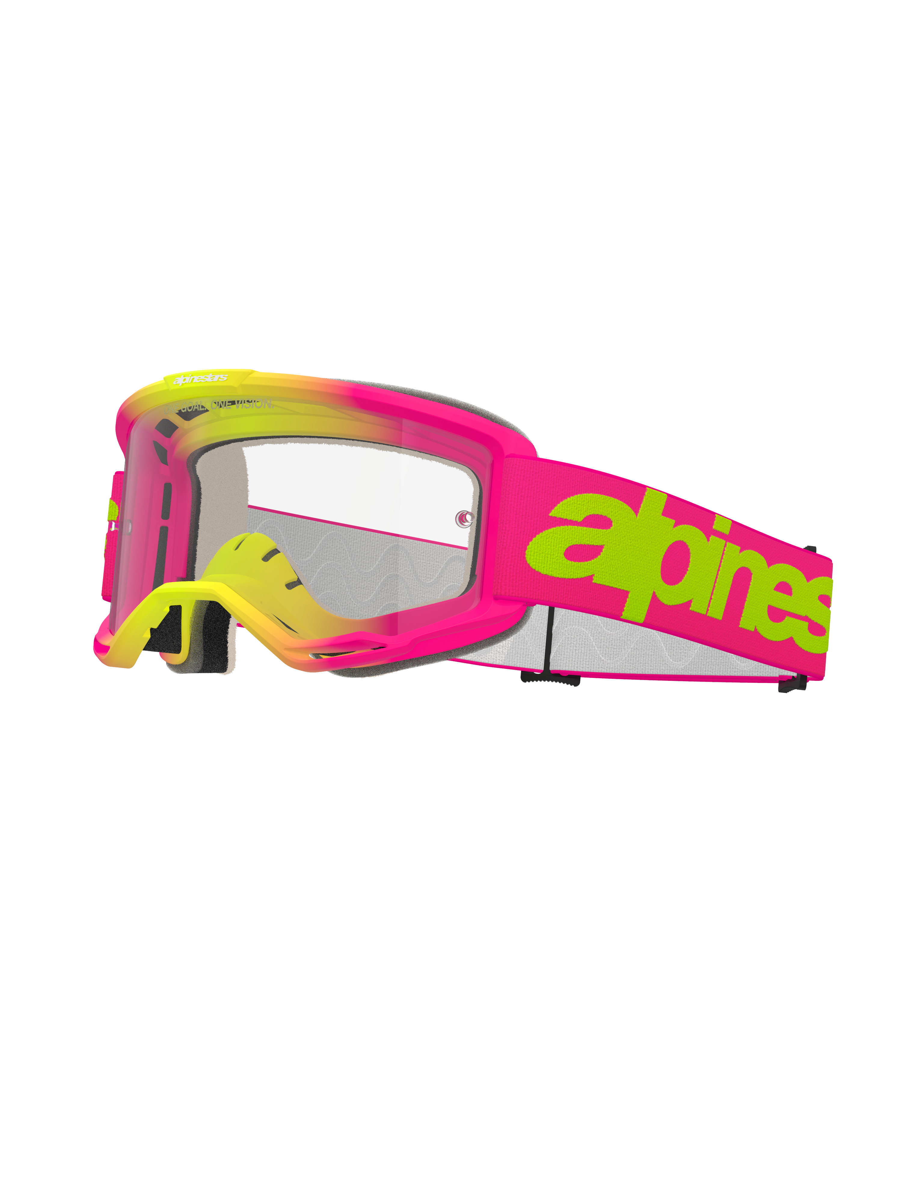 Alpinestars Vision 5 Wordmark Goggles, Motocross Goggles, Pink and Fluo Yellow, clear lens, bold lime green wordmark on pink strap, multi-layer face foam, ventilated design for off-road racing