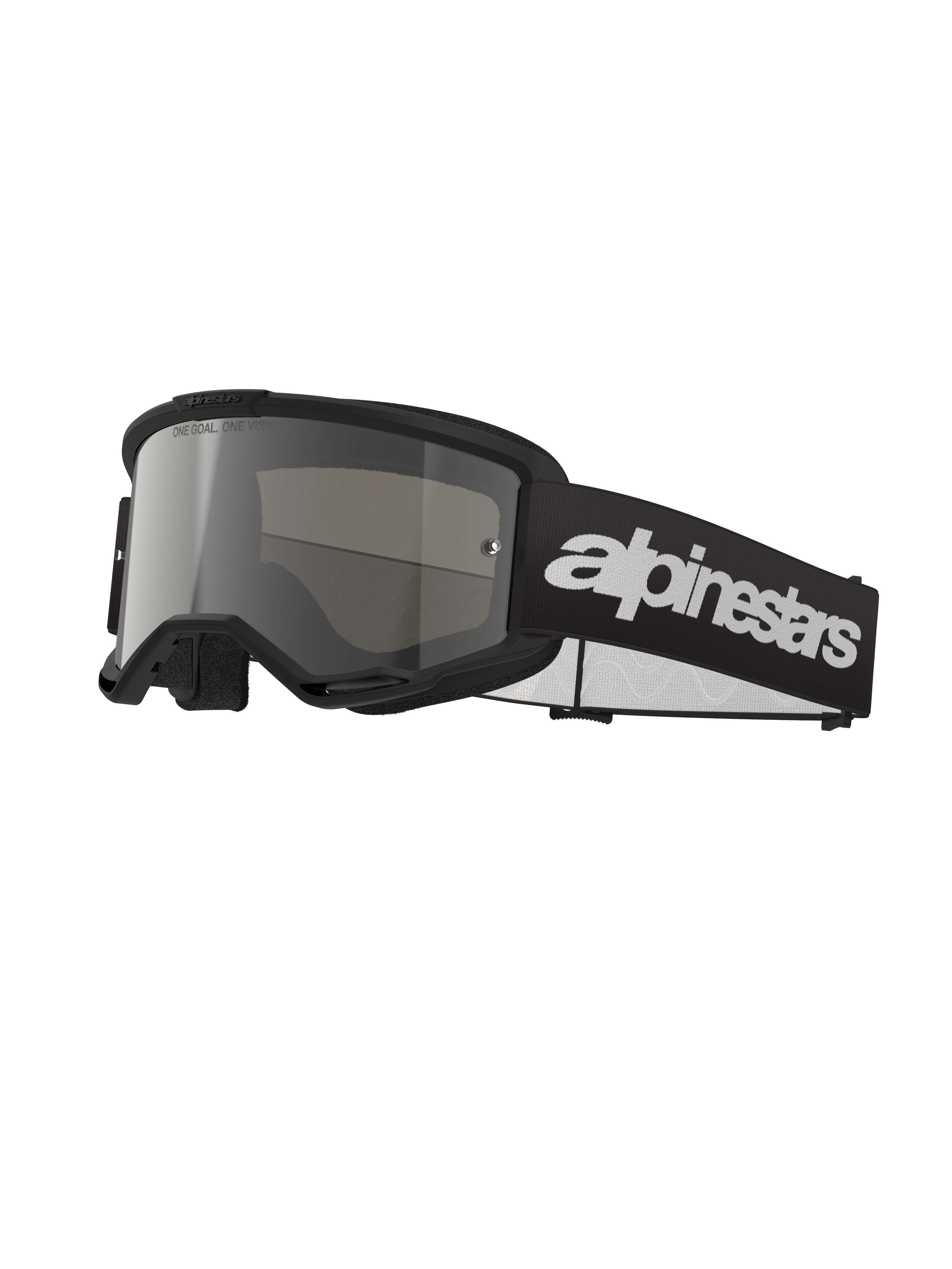 Alpinestars Vision 3 Wordmark Goggles, gafas de motocross, negro y plateado espejo, lente ancha tintada en plata, correa ajustable negra con logotipo blanco destacado, montura forrada de espuma con puertos de ventilación, diseñadas para competición todoterreno