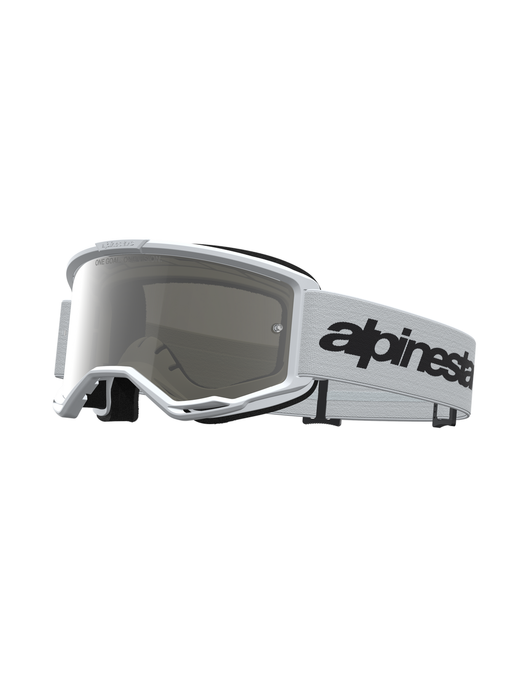 Alpinestars Vision 3 Wordmark Mirror, gafas de motocross blancas con lente de espejo plateada y correa con logotipo negro.
