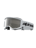 Alpinestars Vision 3 Wordmark Mirror, gafas de motocross blancas con lente de espejo plateada y correa con logotipo negro.