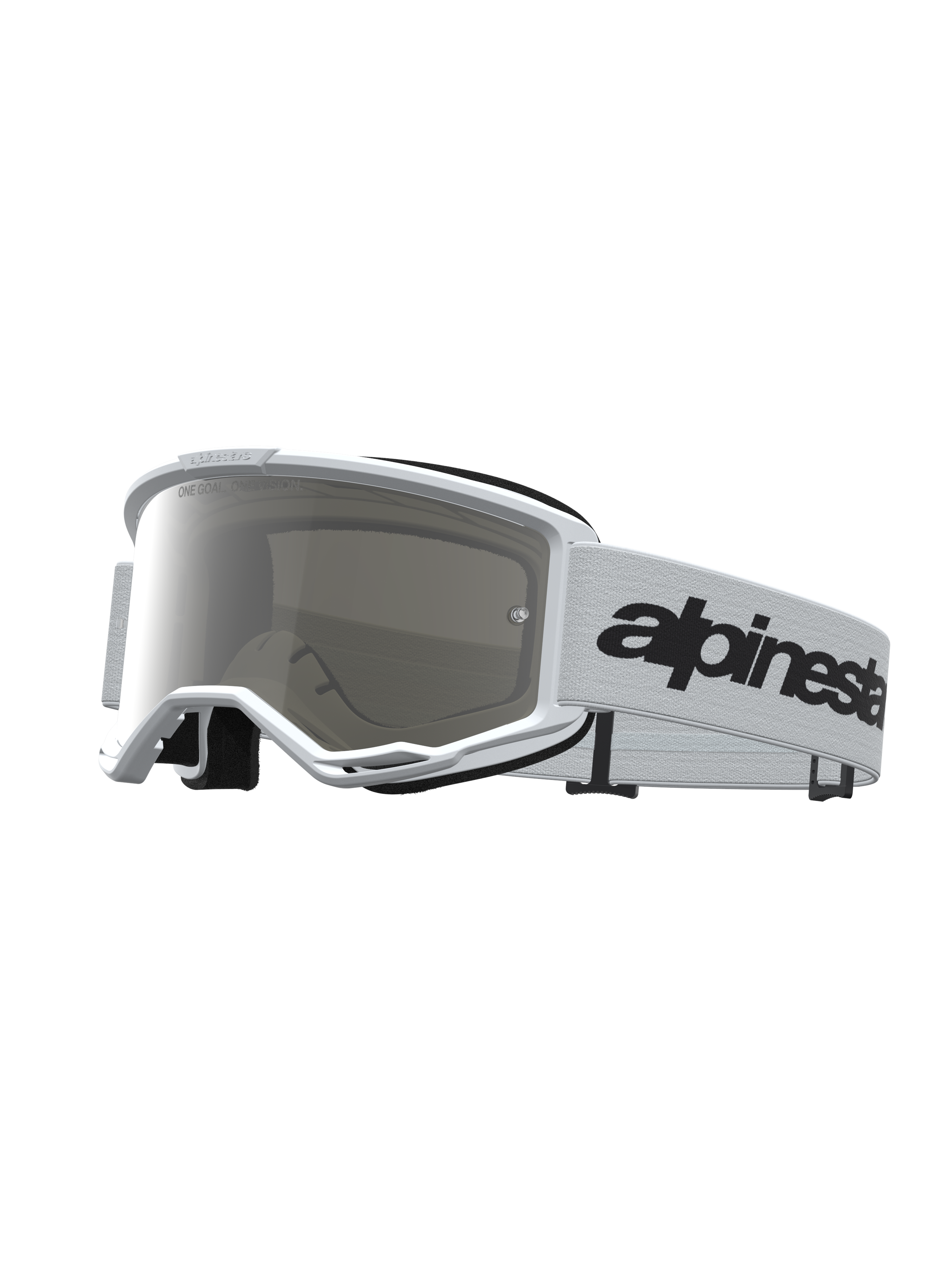 Alpinestars Vision 3 Wordmark Mirror, gafas de motocross blancas con lente de espejo plateada y correa con logotipo negro.