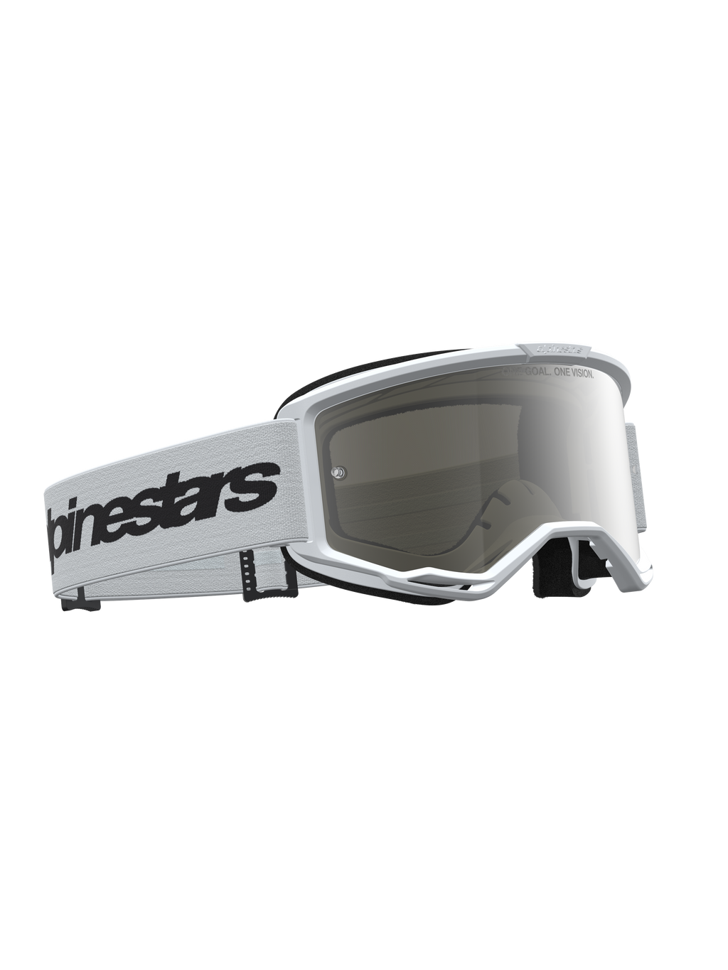 Gafas Alpinestars Vision 3 Wordmark Mirror, para motocross, blancas y negras, lente de espejo plateado y ventilación RAM-AIR.