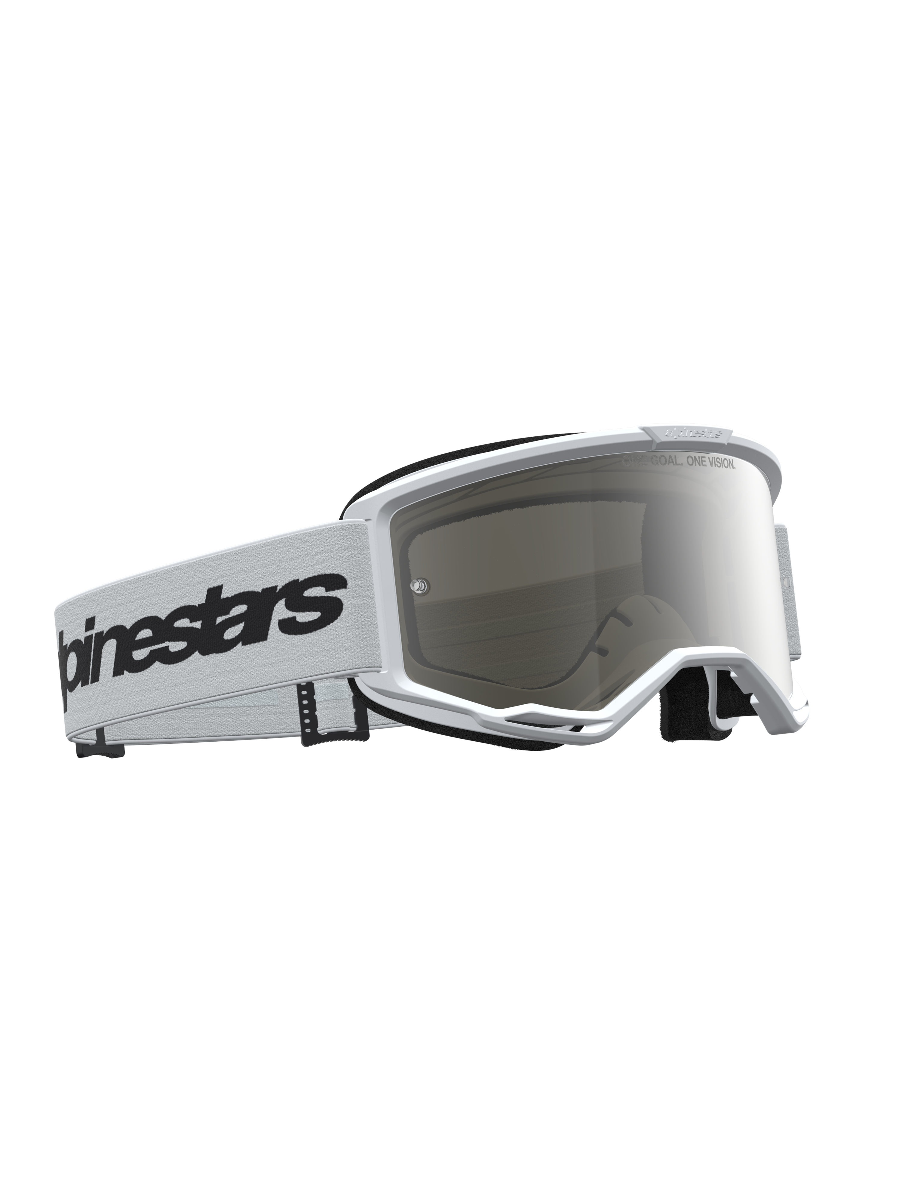 Gafas Alpinestars Vision 3 Wordmark Mirror, para motocross, blancas y negras, lente de espejo plateado y ventilación RAM-AIR.