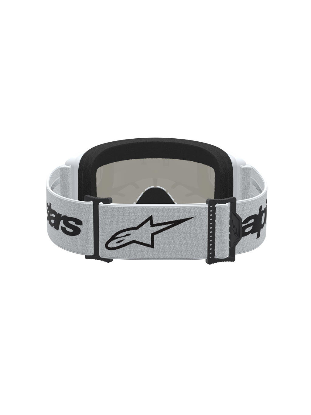 Gafas Alpinestars Vision 3 Wordmark Mirror, blancas y negras para motocross, con correa con logo y espuma facial suave.