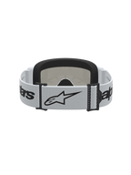Gafas Alpinestars Vision 3 Wordmark Mirror, blancas y negras para motocross, con correa con logo y espuma facial suave.