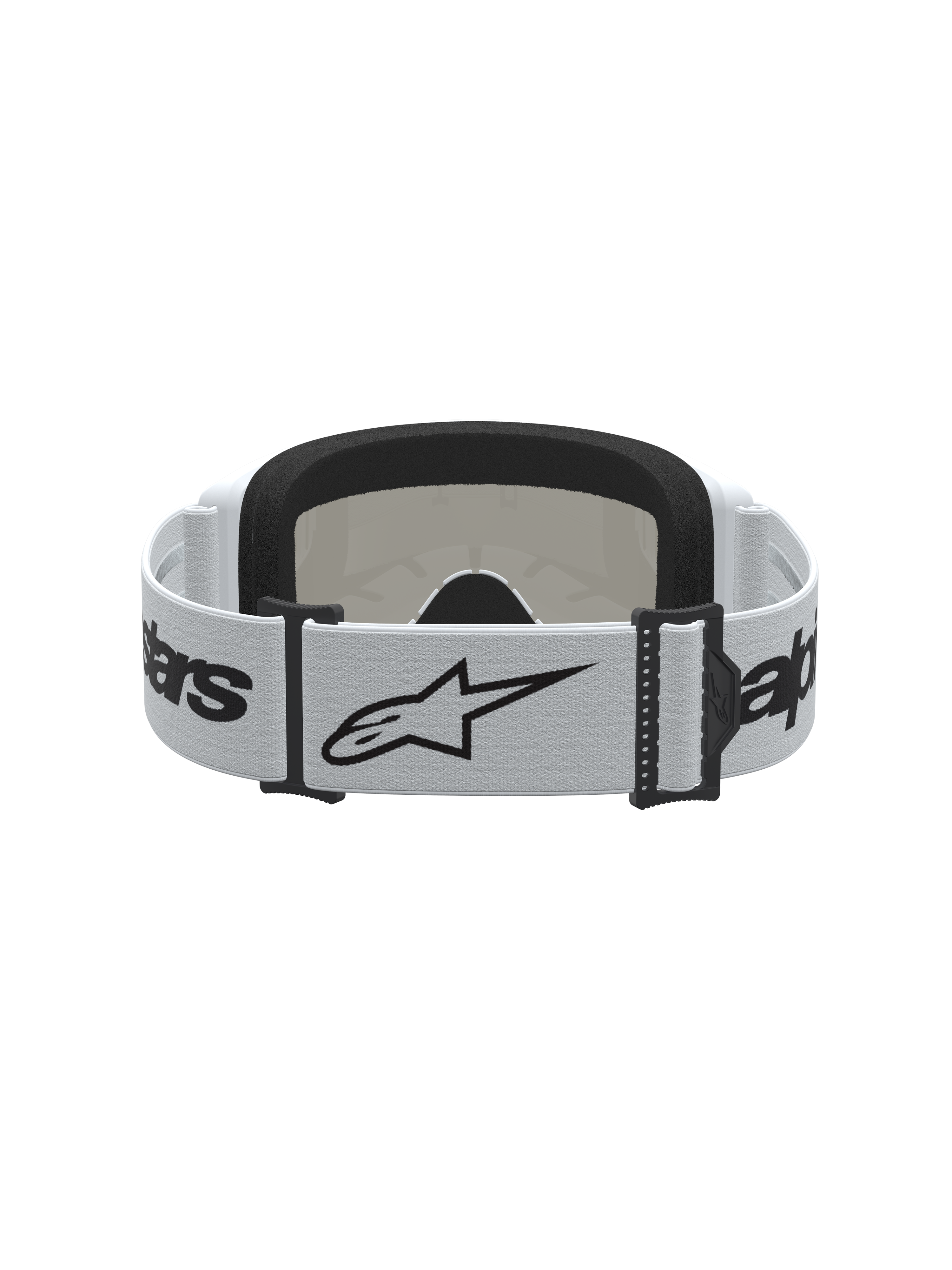 Gafas Alpinestars Vision 3 Wordmark Mirror, blancas y negras para motocross, con correa con logo y espuma facial suave.