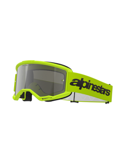 Alpinestars Vision 3 Wordmark Goggles, Motocross Goggles, Yellow Fluo and Silver Mirror, featuring a bright yellow frame and strap with a bold black Alpinestars logo, high-performance eye protection for off-road racing