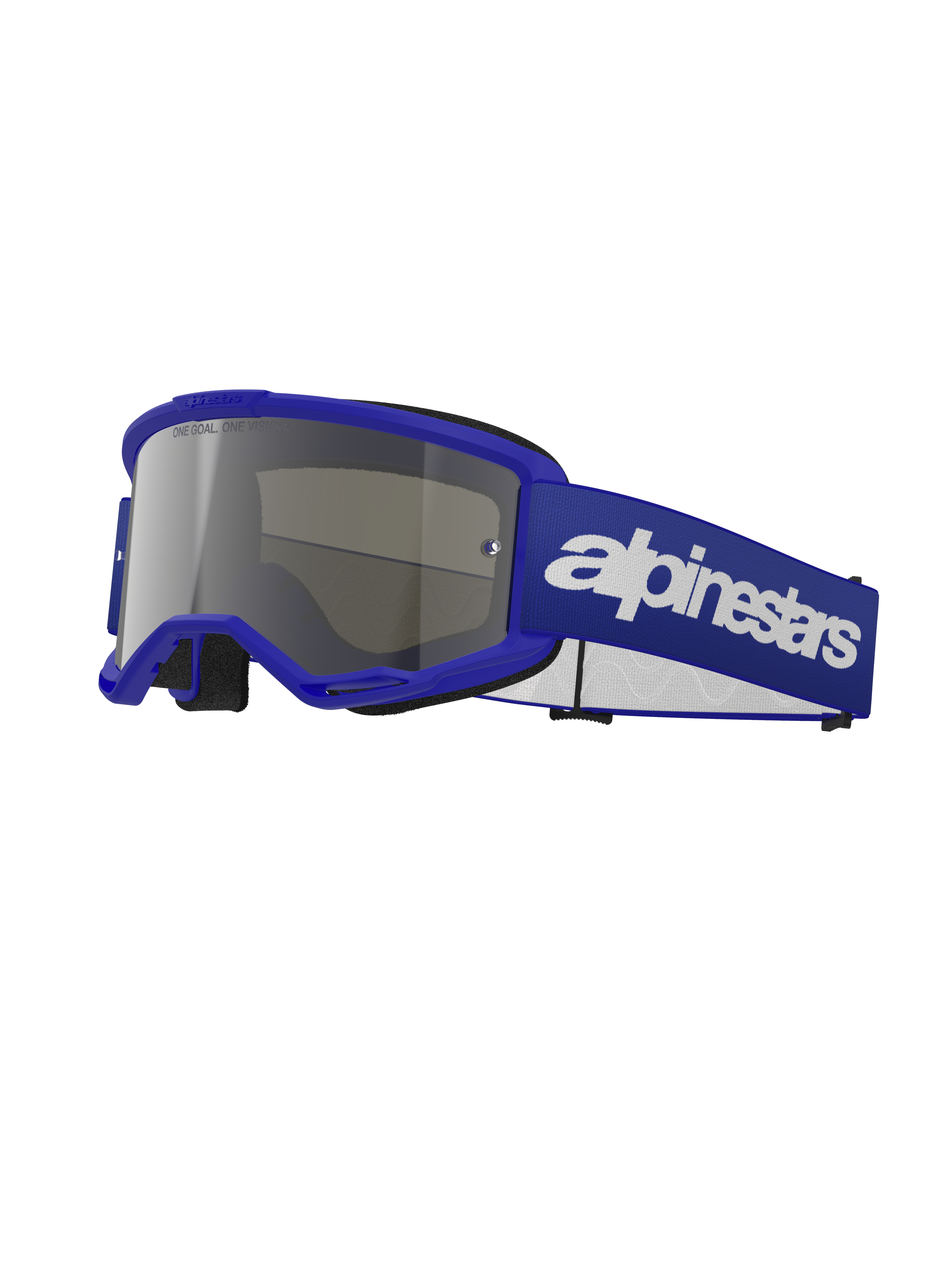 Alpinestars Vision 3 Wordmark Goggles, Motocross Goggles, Blue frame with Silver Mirror lens, wide adjustable blue strap with bold white Alpinestars wordmark logo, black face foam, protective eyewear for off-road and dirt bike riding
