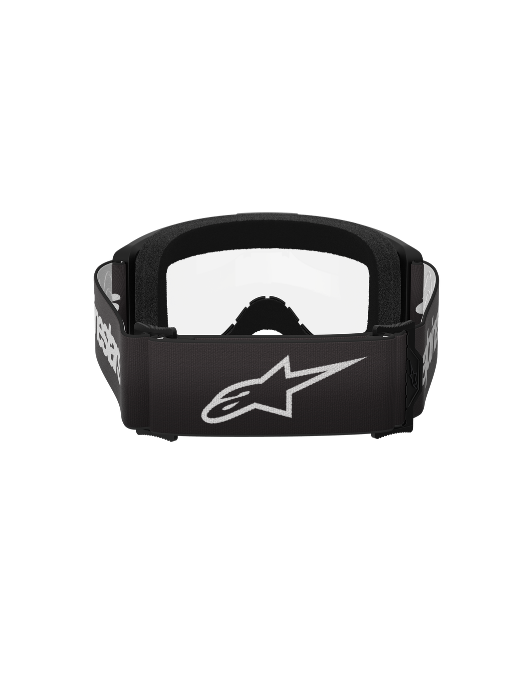 Gafas Alpinestars Vision 3 Wordmark, gafas de motocross, negro y transparente, vista trasera que presenta una correa negra ancha con el logotipo de la estrella y la marca denominativa de Alpinestars en blanco, espuma facial negra gruesa y lente transparente