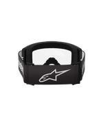 Gafas Alpinestars Vision 3 Wordmark, gafas de motocross, negro y transparente, vista trasera que presenta una correa negra ancha con el logotipo de la estrella y la marca denominativa de Alpinestars en blanco, espuma facial negra gruesa y lente transparente