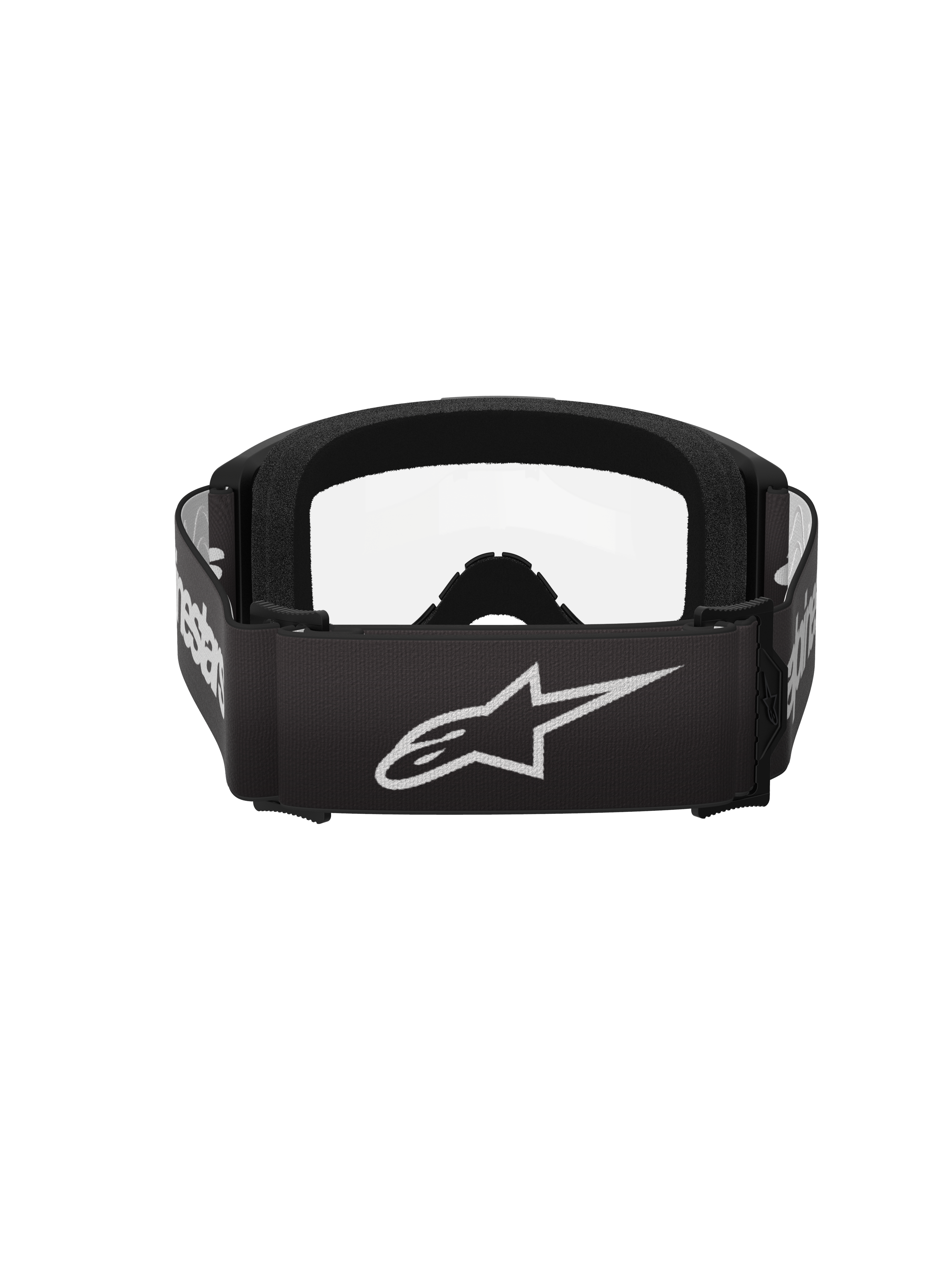 Gafas Alpinestars Vision 3 Wordmark, gafas de motocross, negro y transparente, vista trasera que presenta una correa negra ancha con el logotipo de la estrella y la marca denominativa de Alpinestars en blanco, espuma facial negra gruesa y lente transparente
