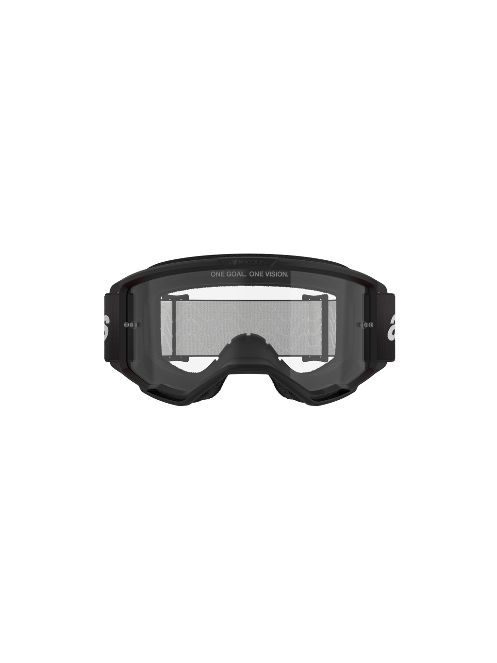 Gafas Alpinestars Vision 3 Wordmark, gafas de motocross, negro y transparente, vista frontal con lente transparente antivaho, montura A-FLEX, correa negra con logotipo blanco de Alpinestars y detalle del eslogan 'ONE GOAL. ONE VISION.'