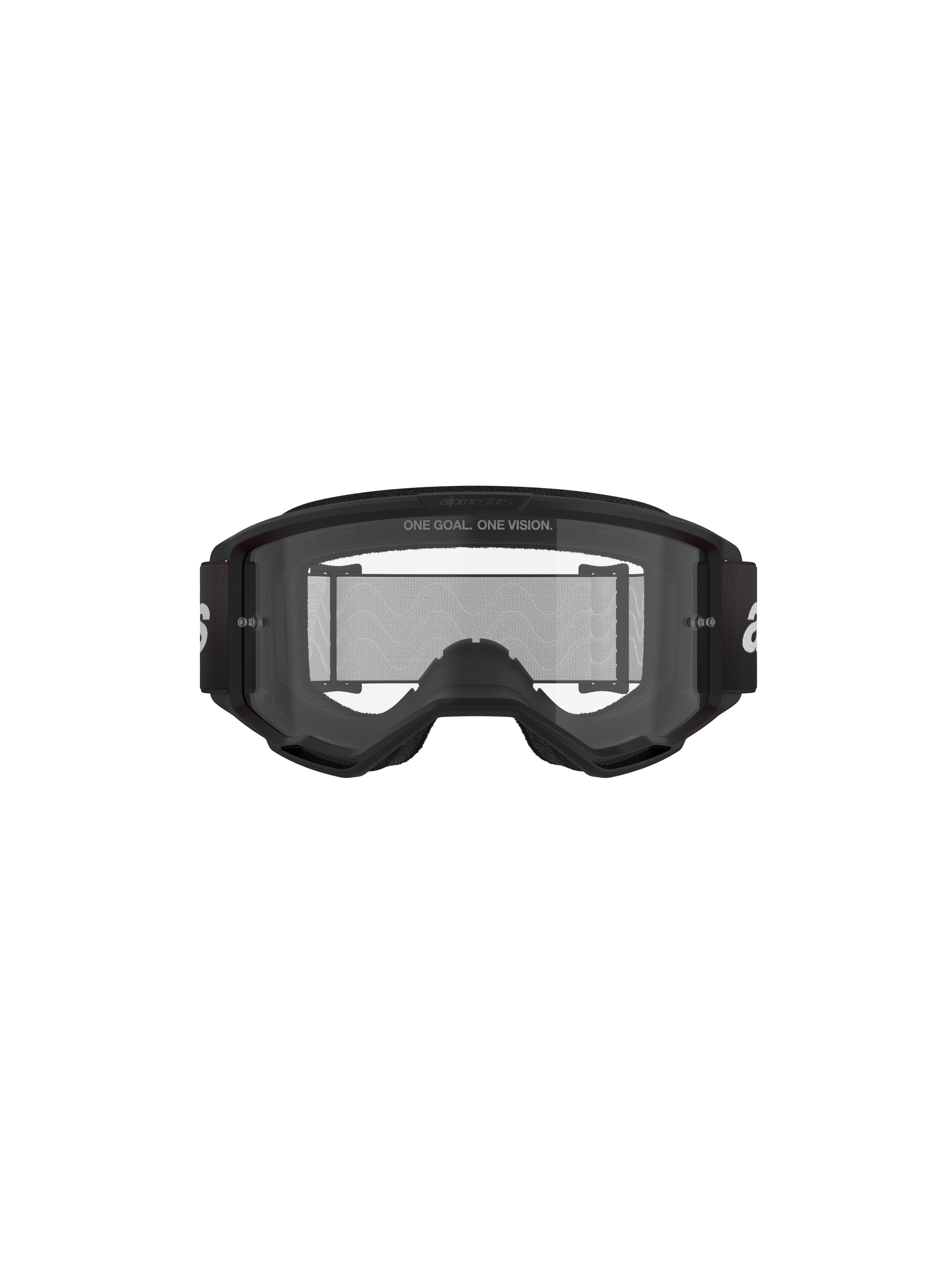 Gafas Alpinestars Vision 3 Wordmark, gafas de motocross, negro y transparente, vista frontal con lente transparente antivaho, montura A-FLEX, correa negra con logotipo blanco de Alpinestars y detalle del eslogan 'ONE GOAL. ONE VISION.'