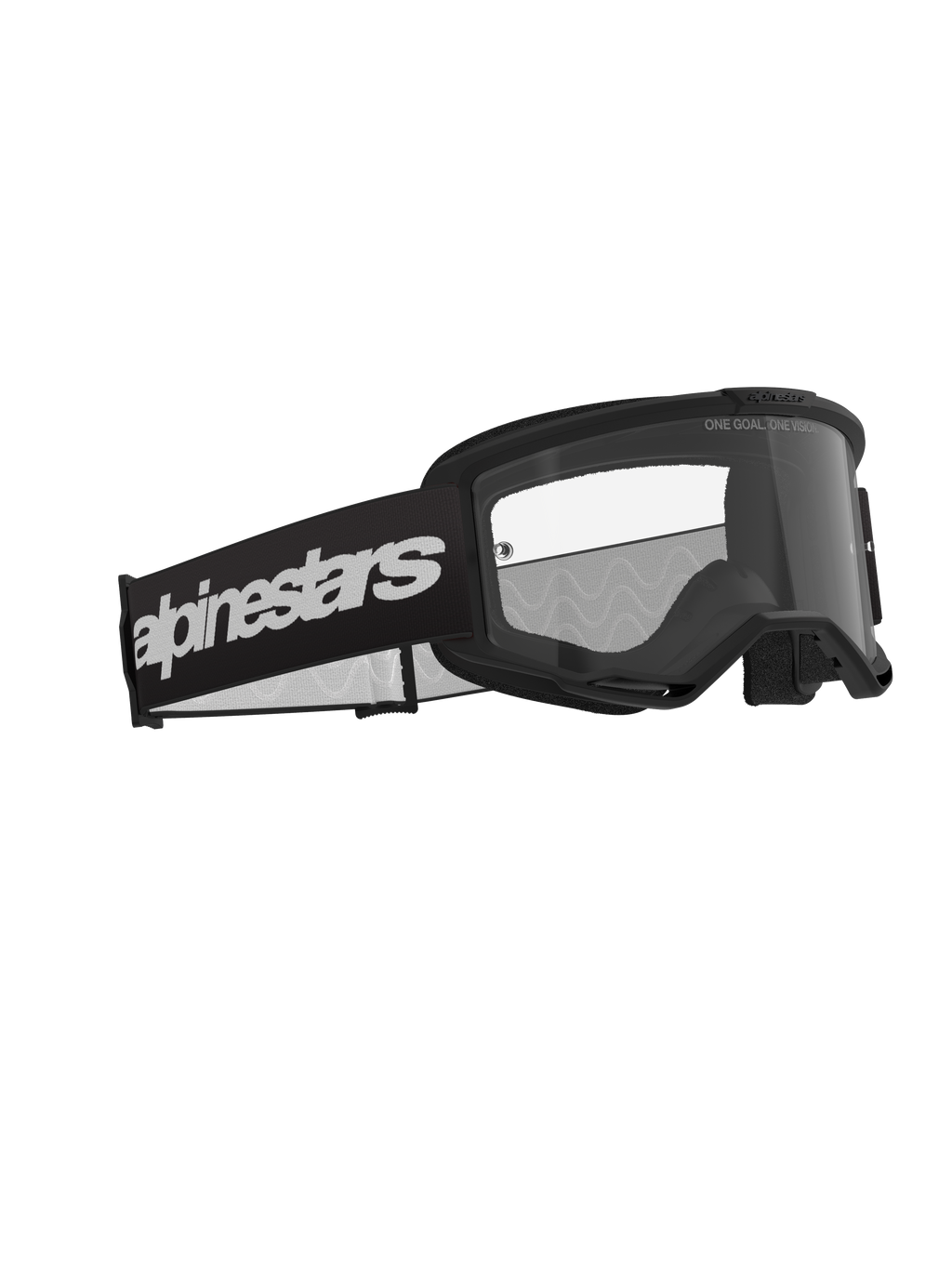 Gafas Alpinestars Vision 3 Wordmark, gafas de motocross, negro y transparente, con una correa ancha negra con un logotipo blanco llamativo, lente transparente antivaho con el texto "ONE GOAL. ONE VISION.", diseño de alto rendimiento elegante para carreras todoterreno