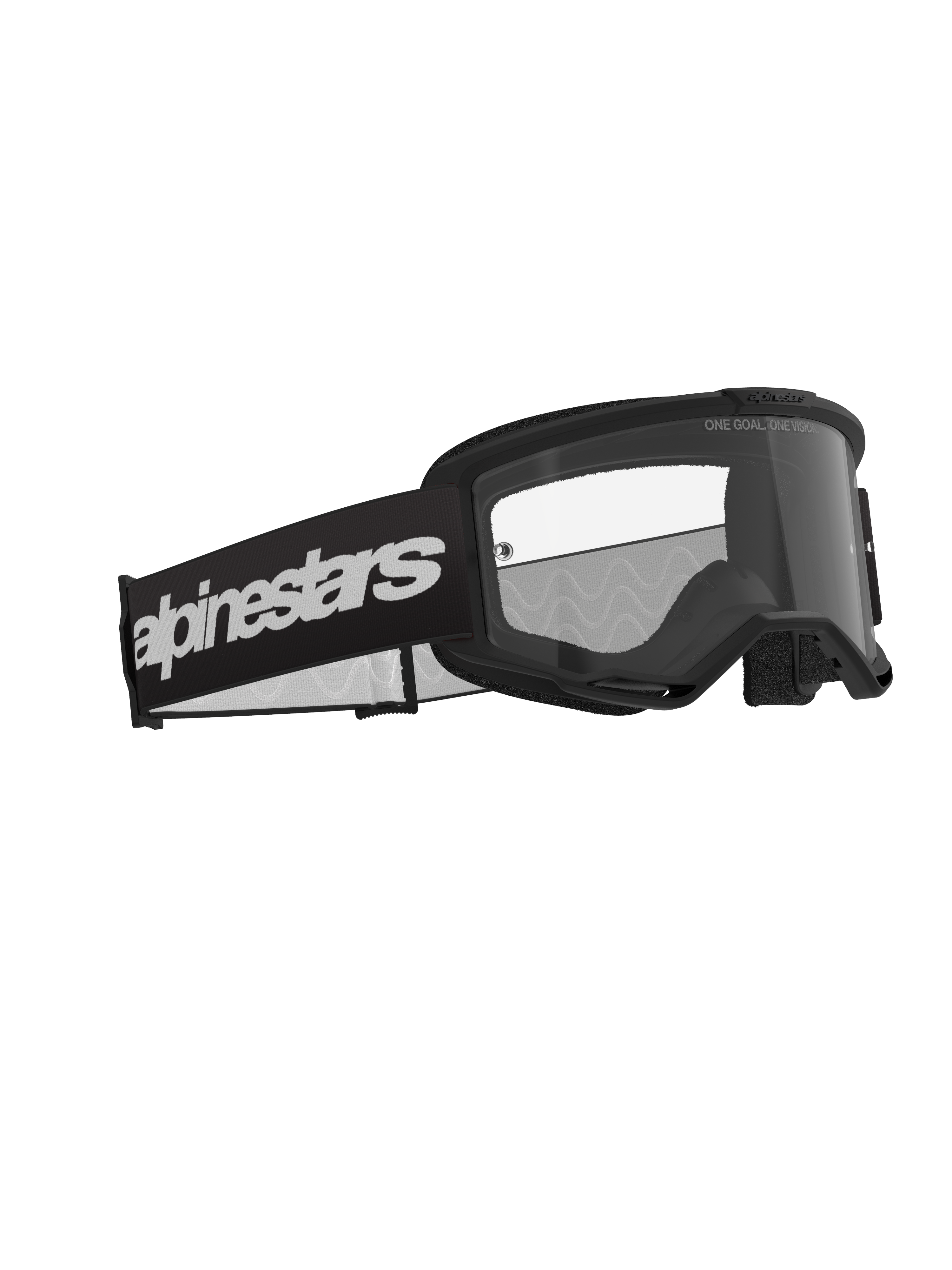 Gafas Alpinestars Vision 3 Wordmark, gafas de motocross, negro y transparente, con una correa ancha negra con un logotipo blanco llamativo, lente transparente antivaho con el texto "ONE GOAL. ONE VISION.", diseño de alto rendimiento elegante para carreras todoterreno