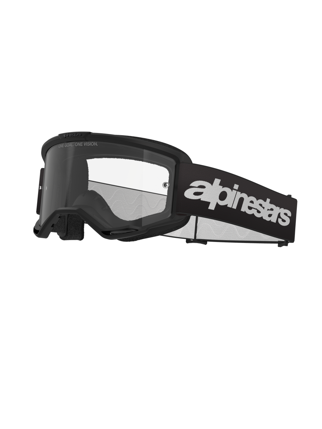 Alpinestars Vision 3 Wordmark Goggles, gafas de motocross, negras y transparentes, con la marca Alpinestars en blanco llamativo en la correa, lente transparente con el texto 'ONE GOAL. ONE VISION.' y un diseño de montura minimalista y elegante.