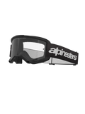 Alpinestars Vision 3 Wordmark Goggles, gafas de motocross, negras y transparentes, con la marca Alpinestars en blanco llamativo en la correa, lente transparente con el texto 'ONE GOAL. ONE VISION.' y un diseño de montura minimalista y elegante.