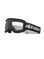Alpinestars Vision 3 Wordmark Goggles, gafas de motocross, negras y transparentes, con la marca Alpinestars en blanco llamativo en la correa, lente transparente con el texto 'ONE GOAL. ONE VISION.' y un diseño de montura minimalista y elegante.