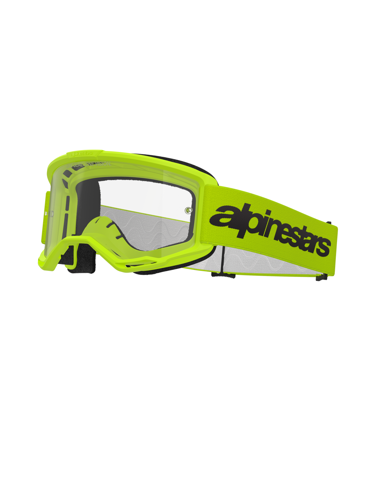 Gafas Alpinestars Vision 3 Wordmark, gafas de motocross, amarillo flúor y negro, lente transparente, correa amarilla ancha con logotipo de marca en negro, acolchado de espuma negra, gafas para carreras fuera de pista