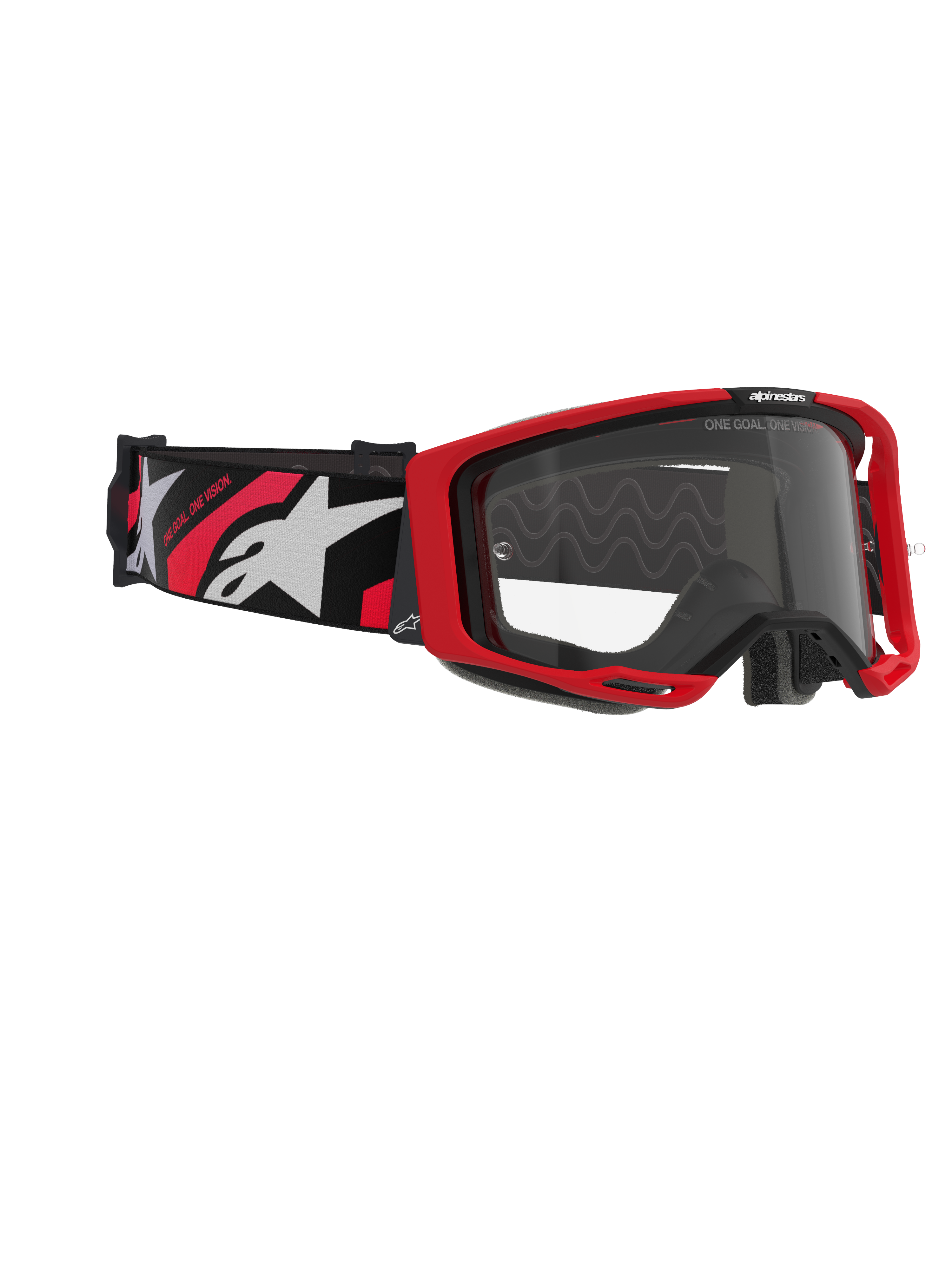 Alpinestars Vision 8 Luar Goggles, Motocross Goggles, Red Black and Clear, featuring a red frame, clear anti-fog lens, and a black strap with white and red logos, professional eye protection for off-road racing