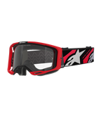 Alpinestars Vision 8 Luar Goggles, Motocross Goggles, Red and Black with Clear Lens, featuring a red A-FLEX frame, clear anti-fog lens, and a black woven strap with red and white graphics and Alpinestars branding