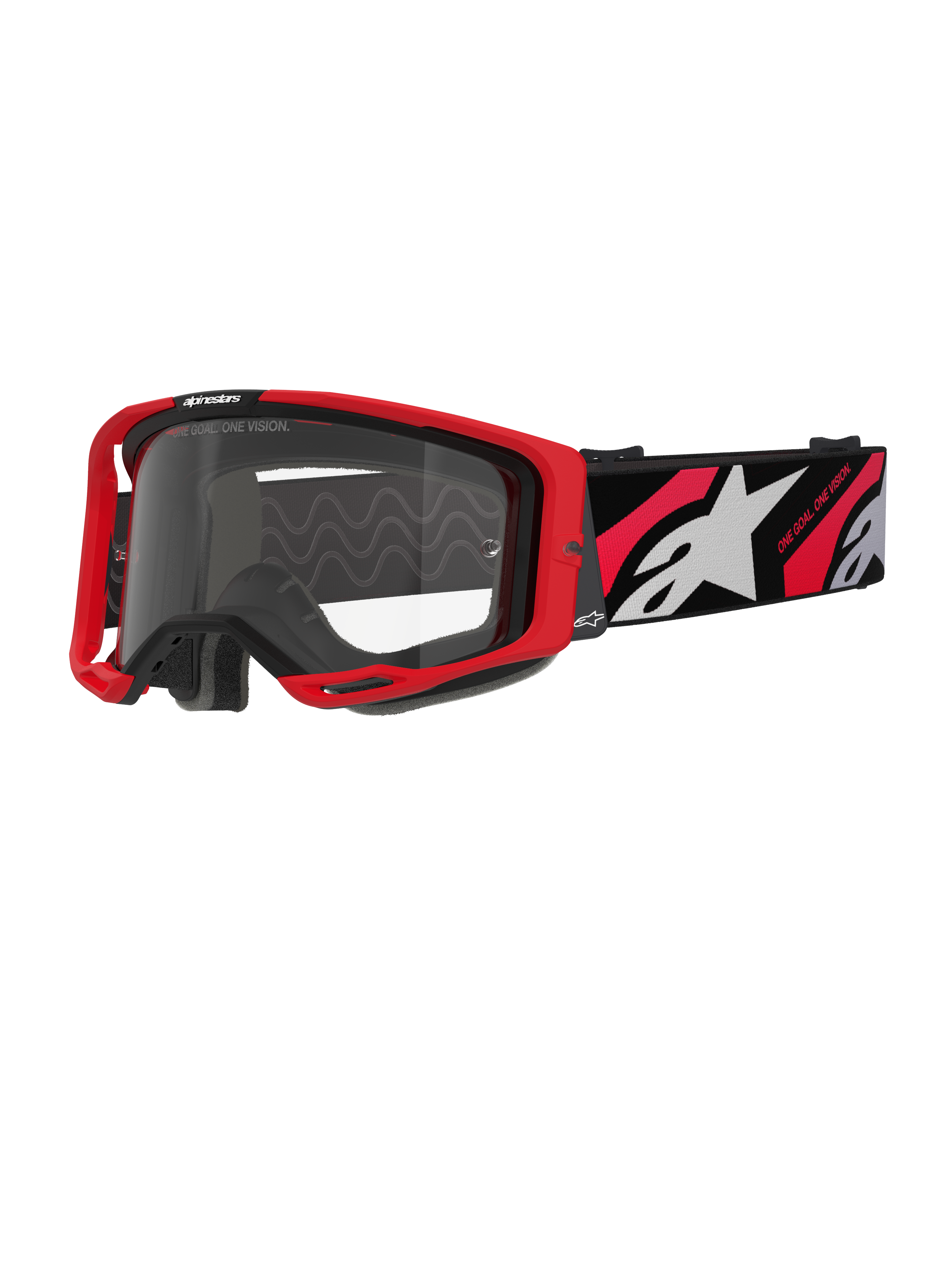 Alpinestars Vision 8 Luar Goggles, Motocross Goggles, Red and Black with Clear Lens, featuring a red A-FLEX frame, clear anti-fog lens, and a black woven strap with red and white graphics and Alpinestars branding