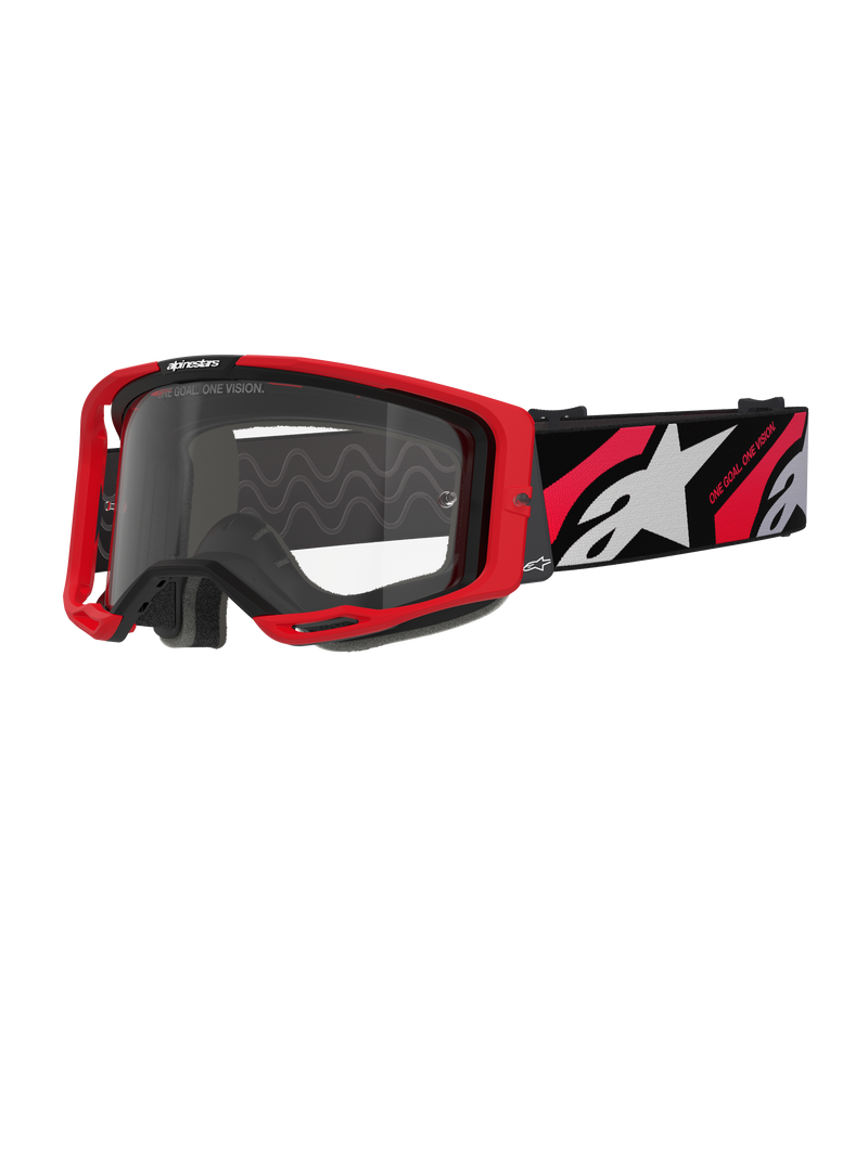Alpinestars Vision 8 Luar Goggles, Motocross Goggles, Red and Black with Clear Lens, featuring a red A-FLEX frame, clear anti-fog lens, and a black woven strap with red and white graphics and Alpinestars branding