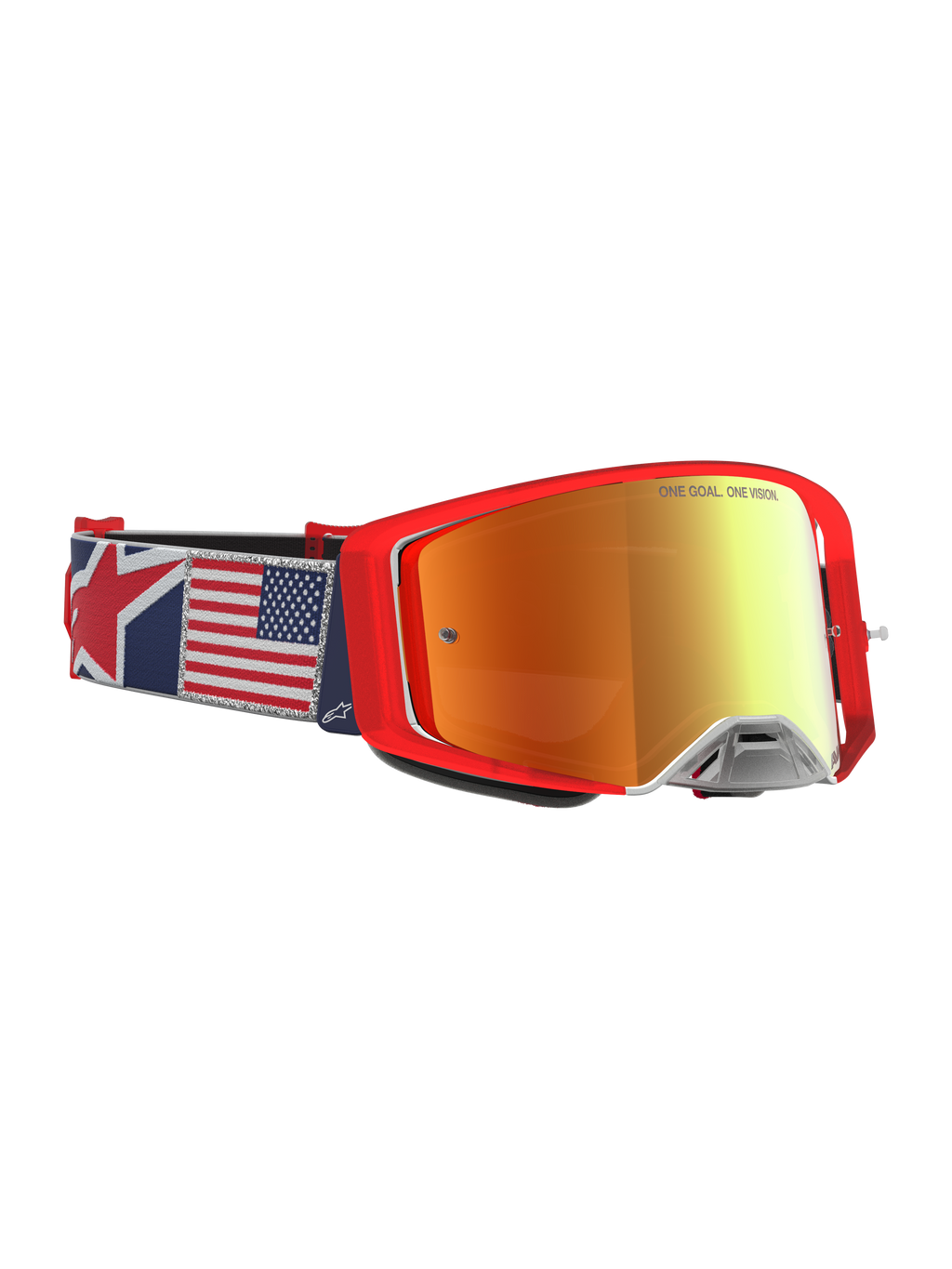 Alpinestars Supertech Fiftyfold Goggles, gafas de motocross rojas, lente de espejo y correa con la bandera de Estados Unidos.