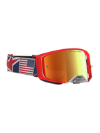Alpinestars Supertech Fiftyfold Goggles, gafas de motocross rojas, lente de espejo y correa con la bandera de Estados Unidos.