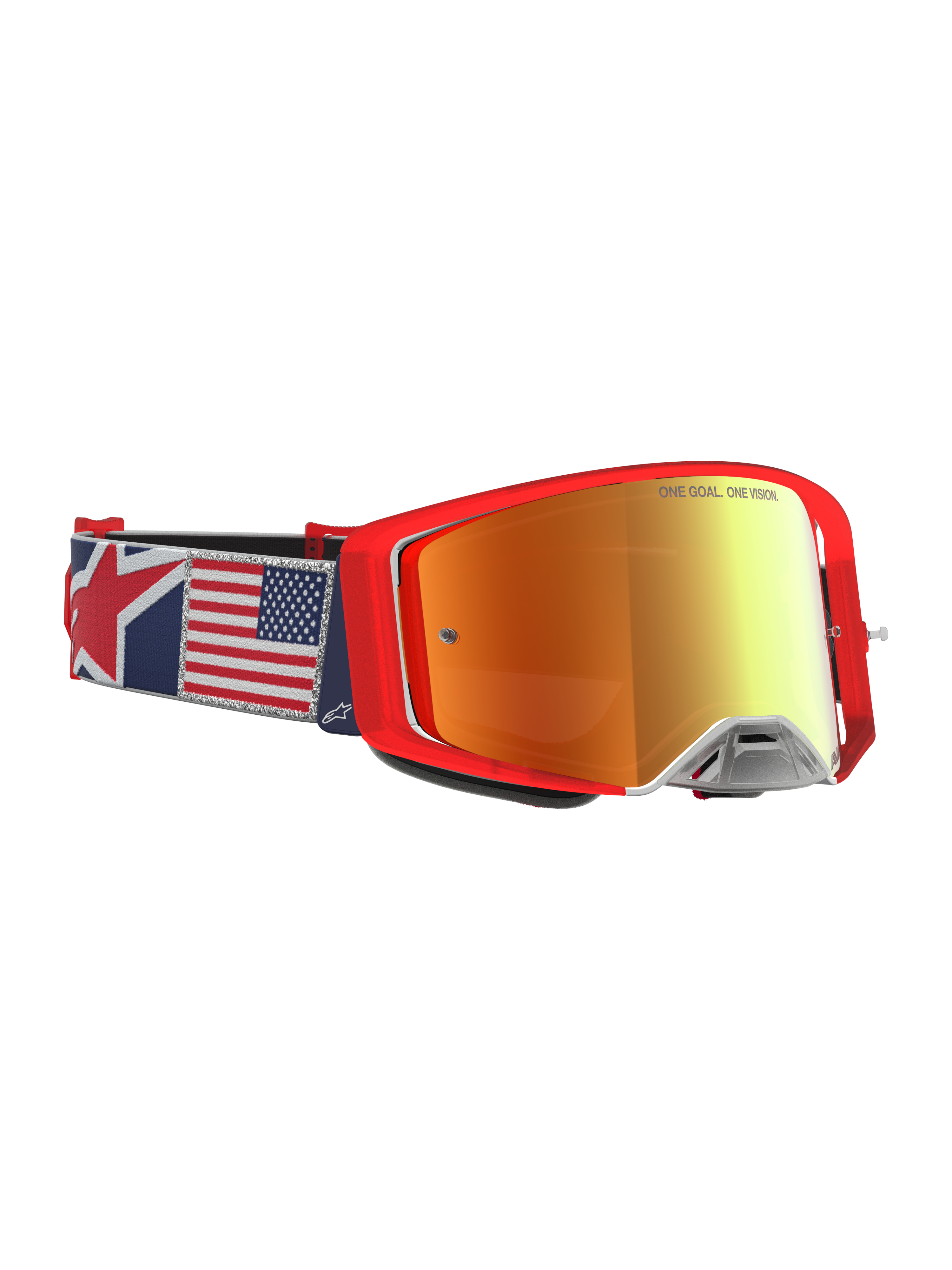 Alpinestars Supertech Fiftyfold Goggles, gafas de motocross rojas, lente de espejo y correa con la bandera de Estados Unidos.