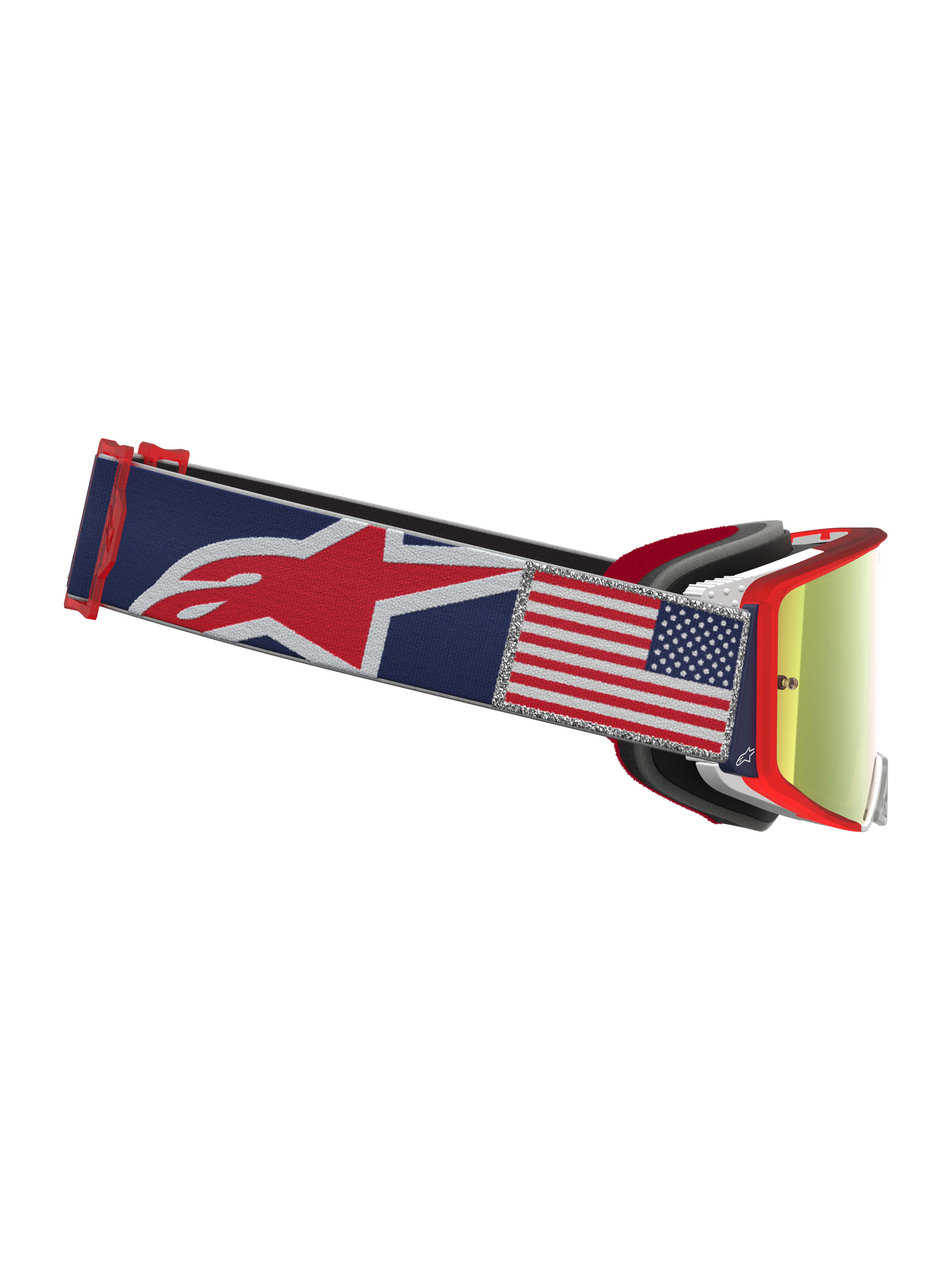 Alpinestars Supertech Fiftyfold, gafas de motocross, azules y rojas con lente de espejo y parche de bandera de EE. UU.
