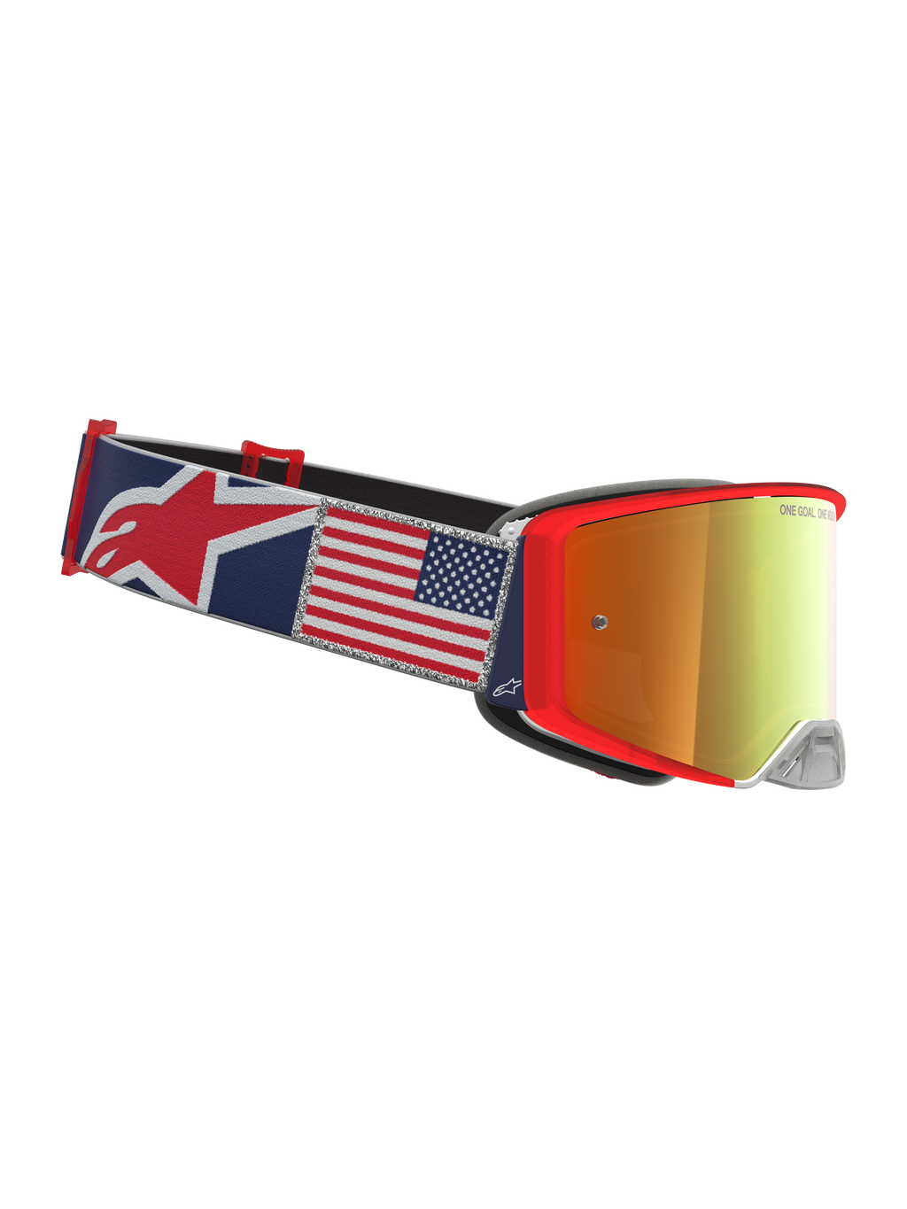 Alpinestars Supertech Fiftyfold, gafas de motocross todoterreno, azules y rojas, cinta con gráfico de la bandera de EE. UU. y lente de espejo dorada