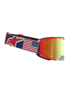 Alpinestars Supertech Fiftyfold, gafas de motocross todoterreno, azules y rojas, cinta con gráfico de la bandera de EE. UU. y lente de espejo dorada