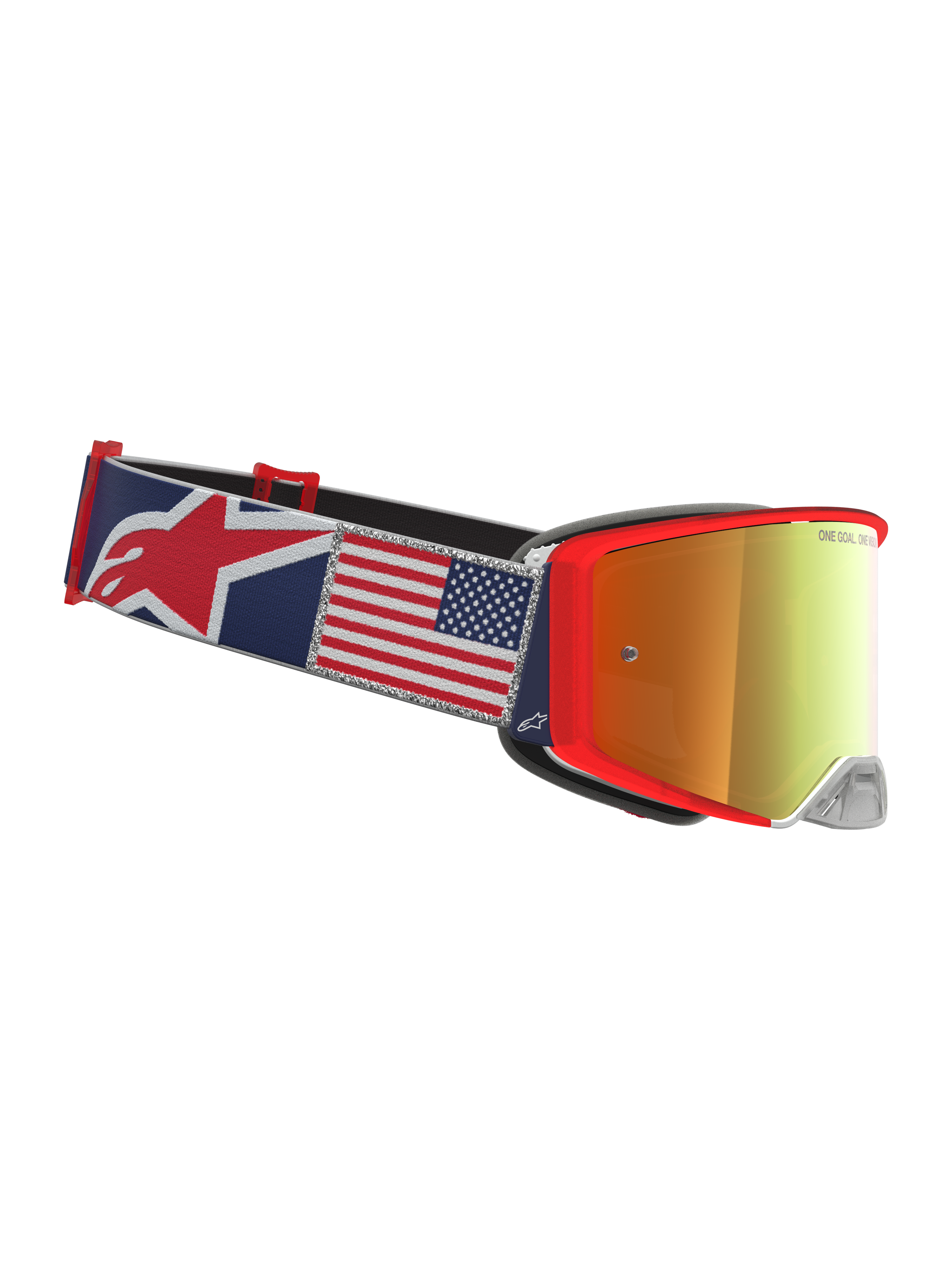 Alpinestars Supertech Fiftyfold, gafas de motocross todoterreno, azules y rojas, cinta con gráfico de la bandera de EE. UU. y lente de espejo dorada