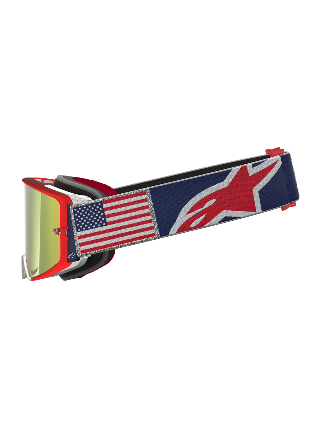 Alpinestars Supertech Fiftyfold Limited Edition, gafas de motocross, montura roja, correa azul con bandera de EE. UU. y lente de espejo