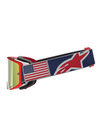 Alpinestars Supertech Fiftyfold Limited Edition, gafas de motocross, montura roja, correa azul con bandera de EE. UU. y lente de espejo