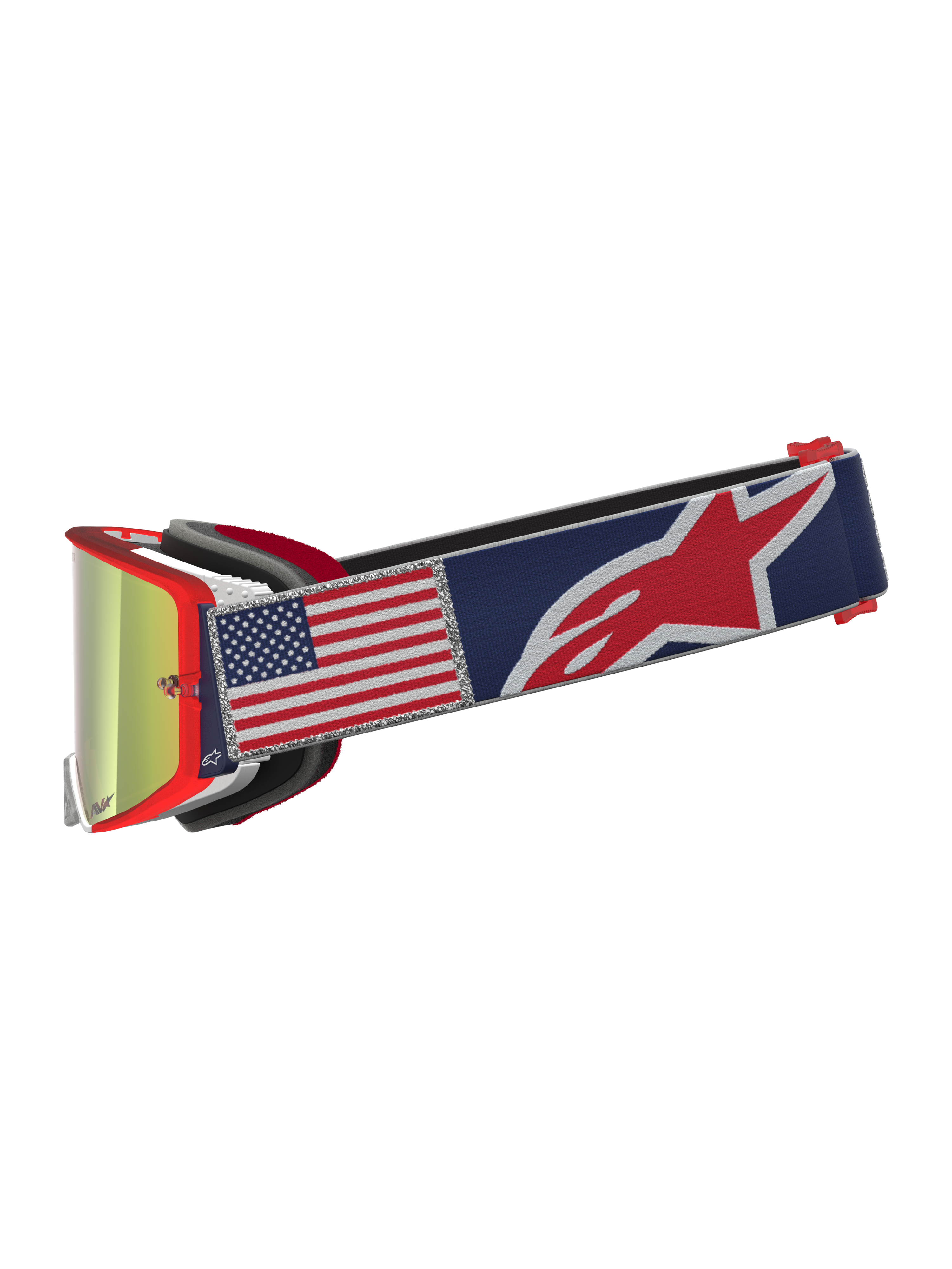 Alpinestars Supertech Fiftyfold Limited Edition, gafas de motocross, montura roja, correa azul con bandera de EE. UU. y lente de espejo